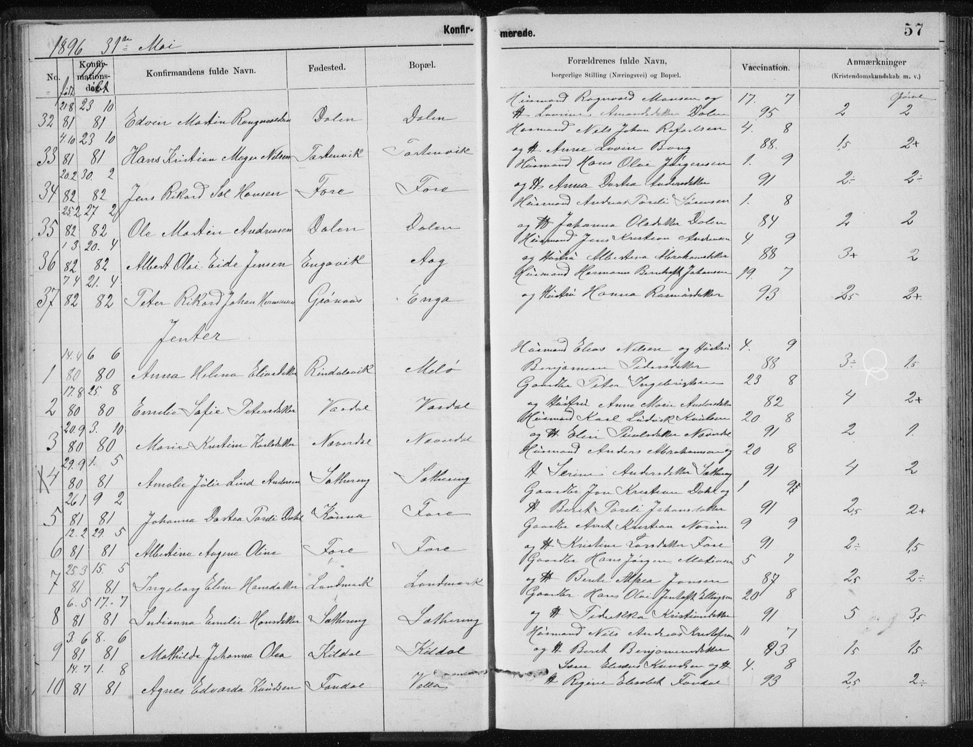 Ministerialprotokoller, klokkerbøker og fødselsregistre - Nordland, SAT/A-1459/843/L0637: Parish register (copy) no. 843C06, 1884-1908, p. 57