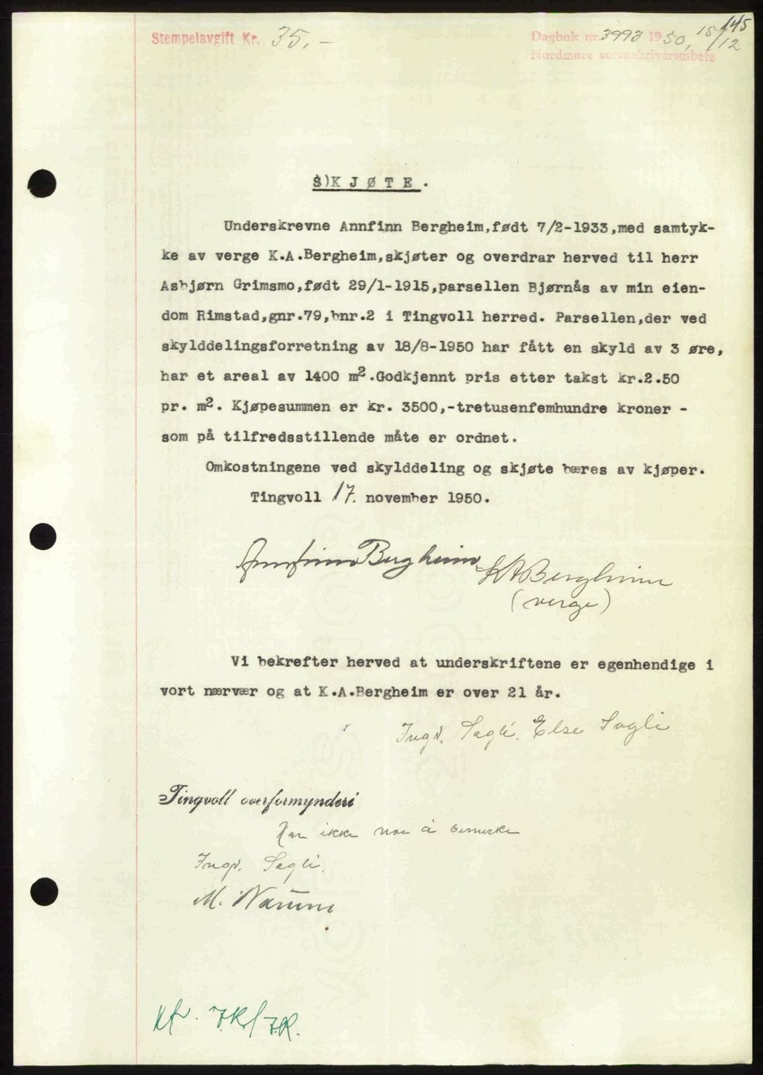 Nordmøre sorenskriveri, AV/SAT-A-4132/1/2/2Ca: Mortgage book no. A117, 1950-1950, Diary no: : 3993/1950