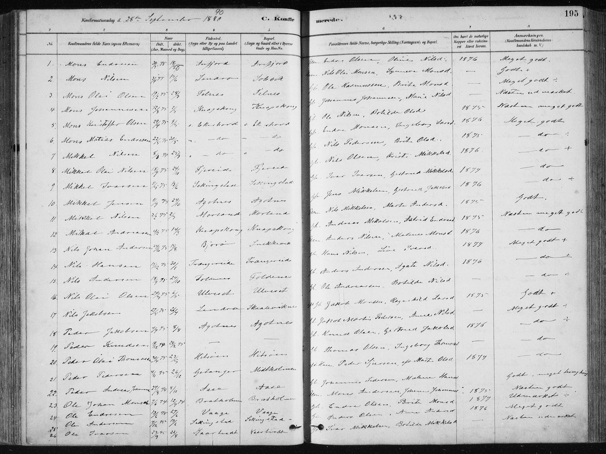 Fjell sokneprestembete, SAB/A-75301/H/Haa: Parish register (official) no. A  8, 1878-1898, p. 195