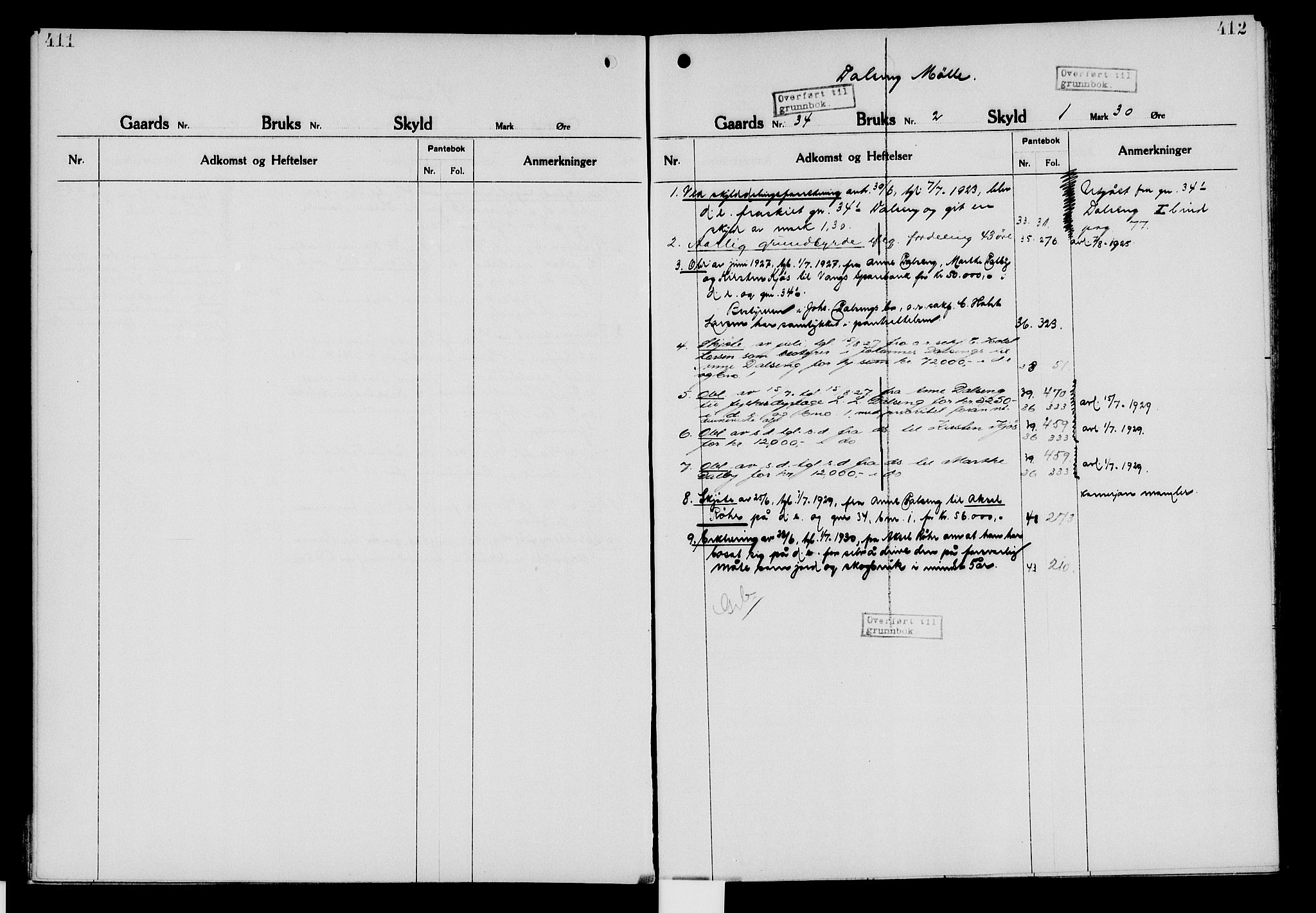 Nord-Hedmark sorenskriveri, SAH/TING-012/H/Ha/Had/Hade/L0006: Mortgage register no. 4.6, 1920-1940, p. 411-412