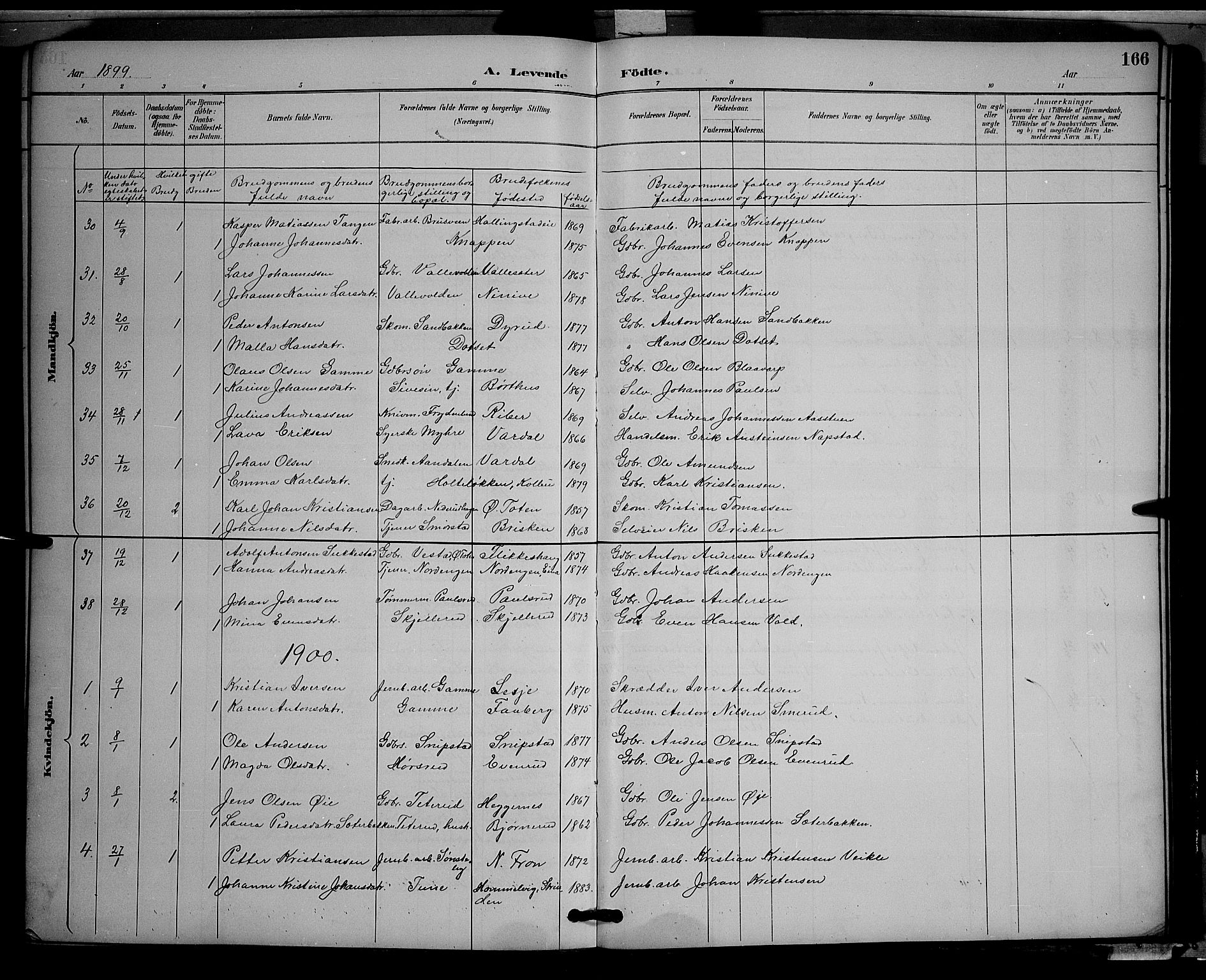 Vestre Toten prestekontor, SAH/PREST-108/H/Ha/Hab/L0009: Parish register (copy) no. 9, 1888-1900, p. 166