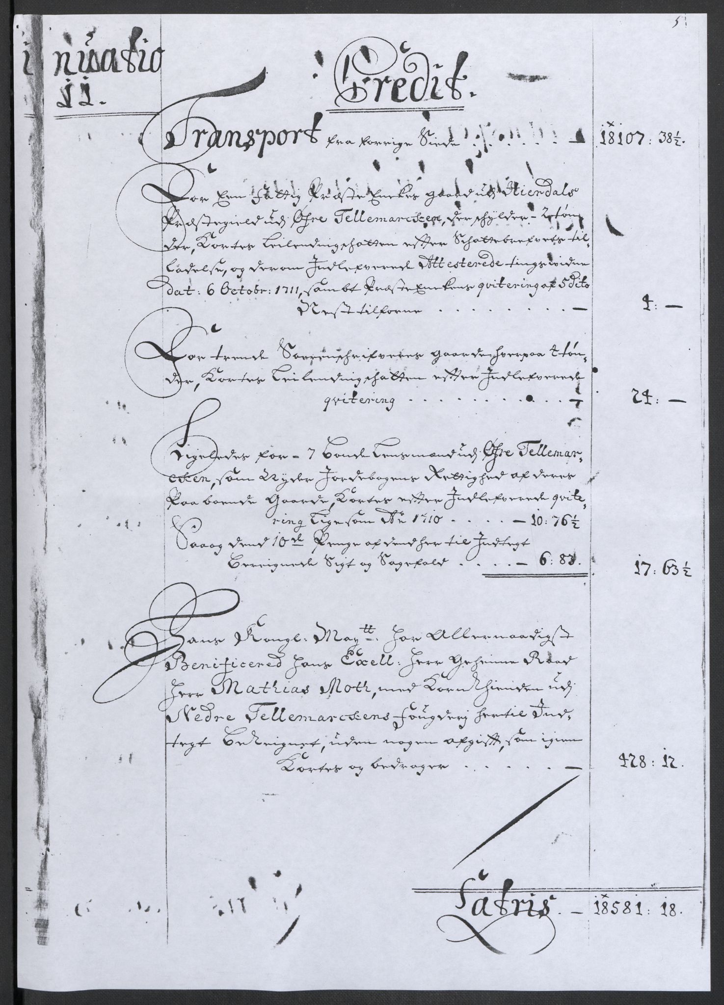 Rentekammeret inntil 1814, Reviderte regnskaper, Fogderegnskap, AV/RA-EA-4092/R36/L2120: Fogderegnskap Øvre og Nedre Telemark og Bamble, 1711, p. 8