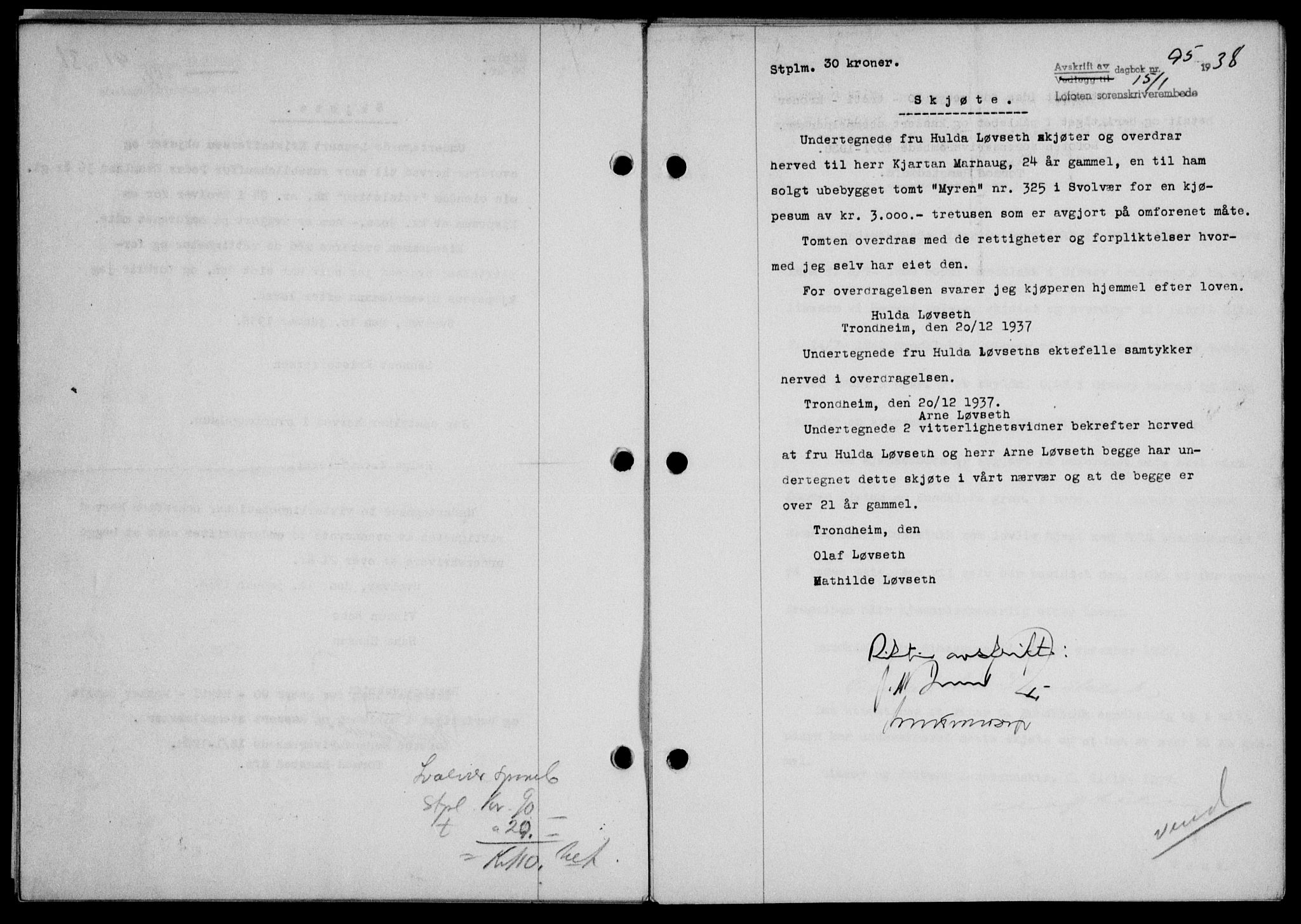 Lofoten sorenskriveri, SAT/A-0017/1/2/2C/L0003a: Mortgage book no. 3a, 1937-1938, Diary no: : 95/1938