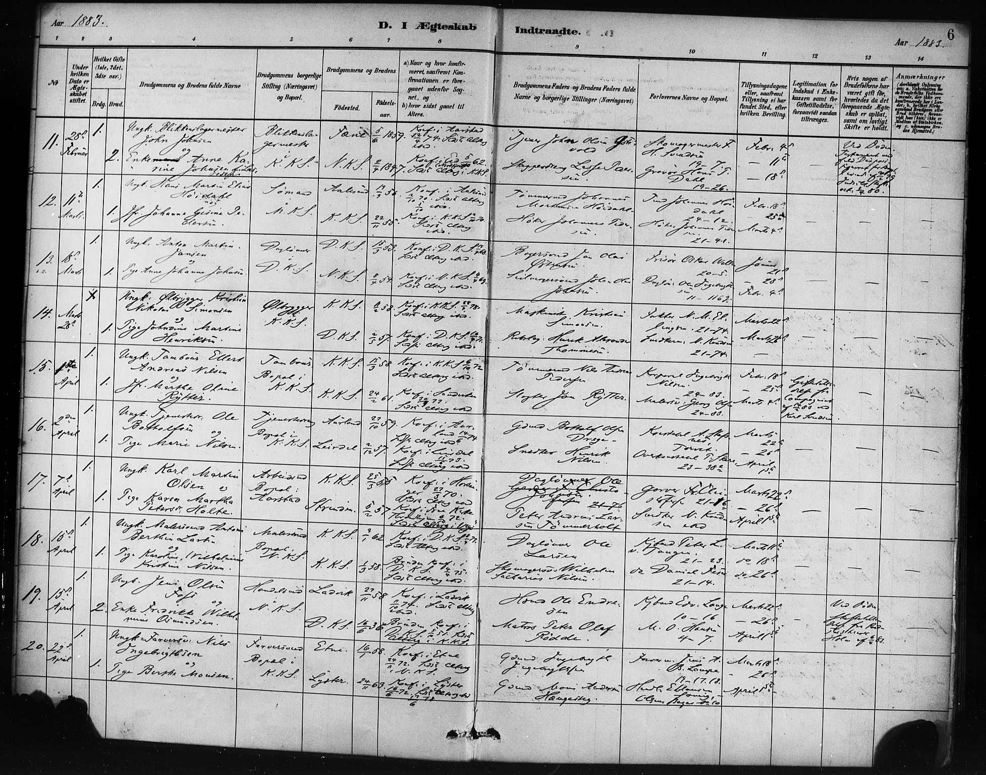 Korskirken sokneprestembete, AV/SAB-A-76101/H/Haa/L0037: Parish register (official) no. D 4, 1883-1904, p. 6