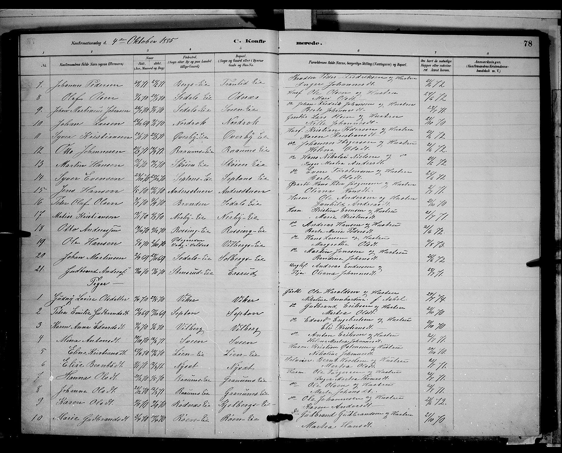 Søndre Land prestekontor, SAH/PREST-122/L/L0003: Parish register (copy) no. 3, 1884-1902, p. 78