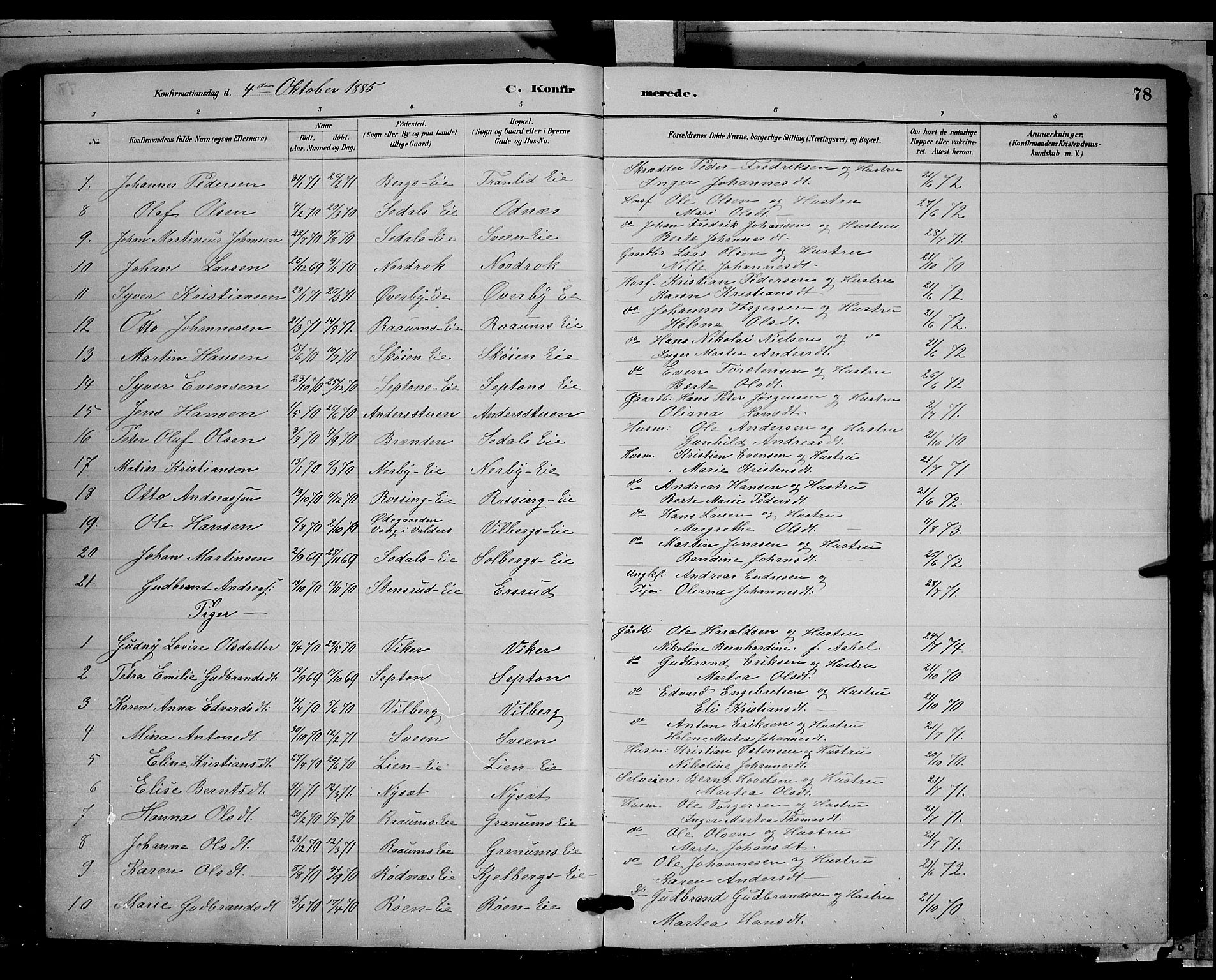 Søndre Land prestekontor, AV/SAH-PREST-122/L/L0003: Parish register (copy) no. 3, 1884-1902, p. 78