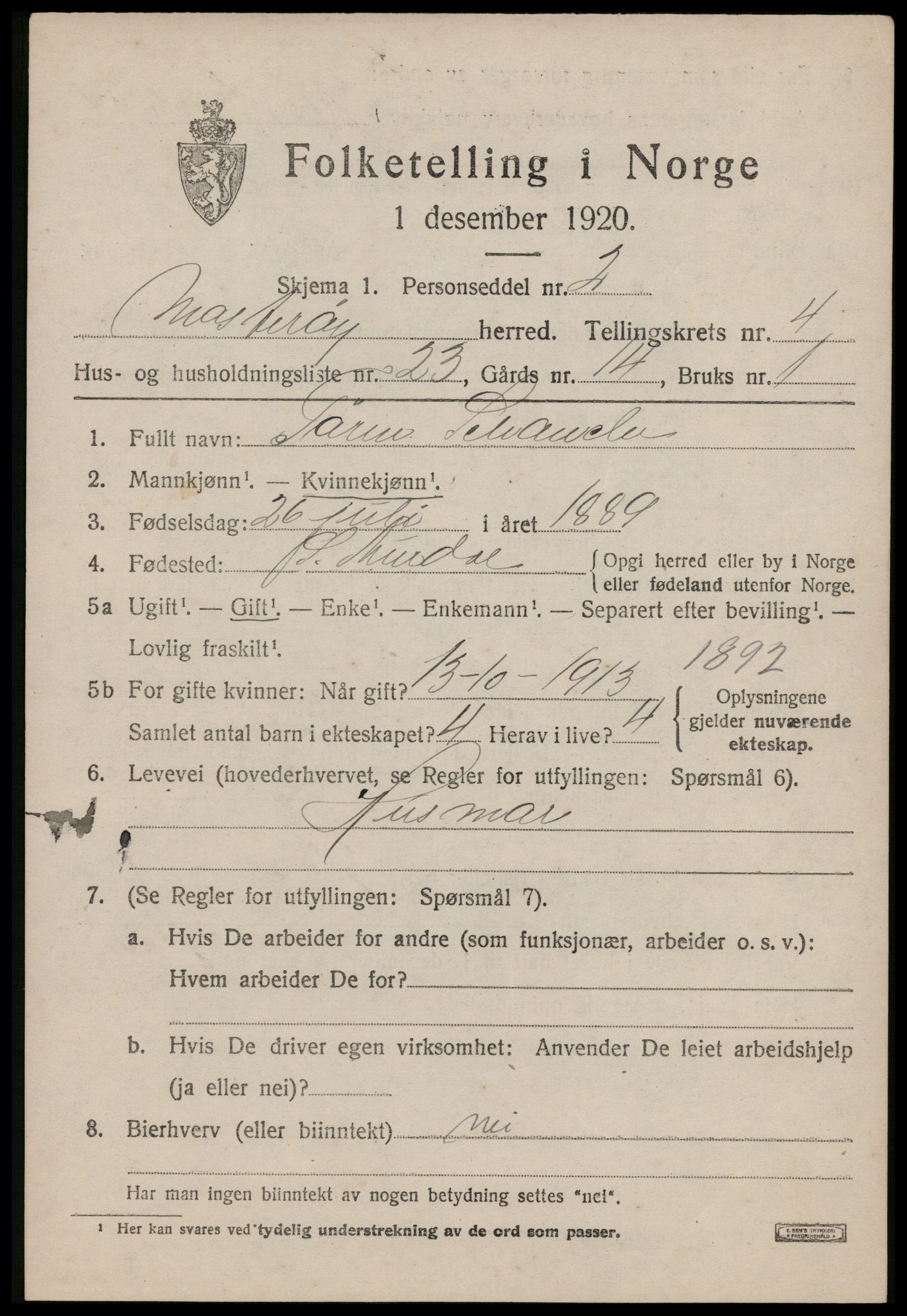 SAST, 1920 census for Mosterøy, 1920, p. 1904