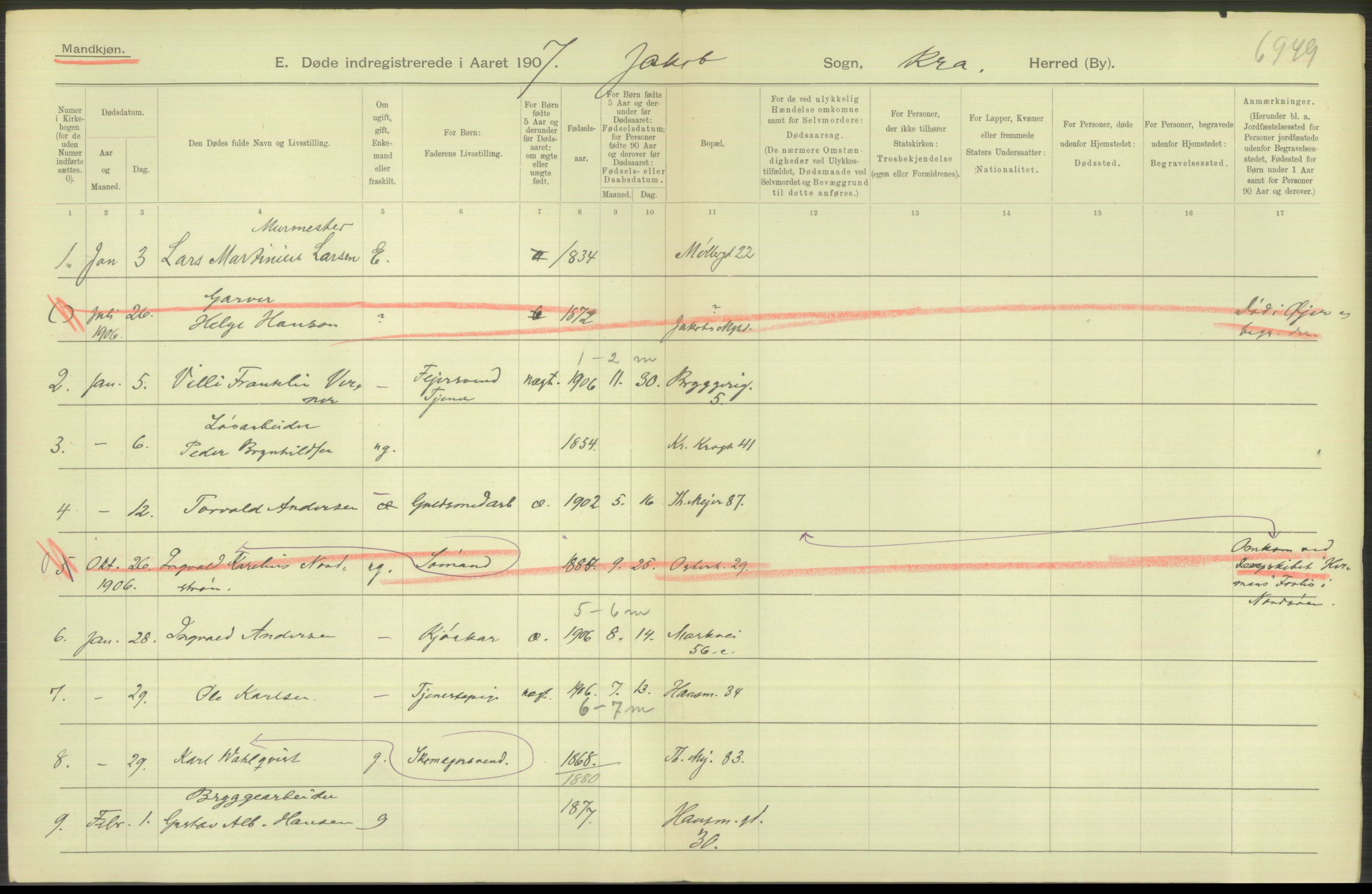 Statistisk sentralbyrå, Sosiodemografiske emner, Befolkning, AV/RA-S-2228/D/Df/Dfa/Dfae/L0010: Kristiania: Døde, dødfødte, 1907, p. 332