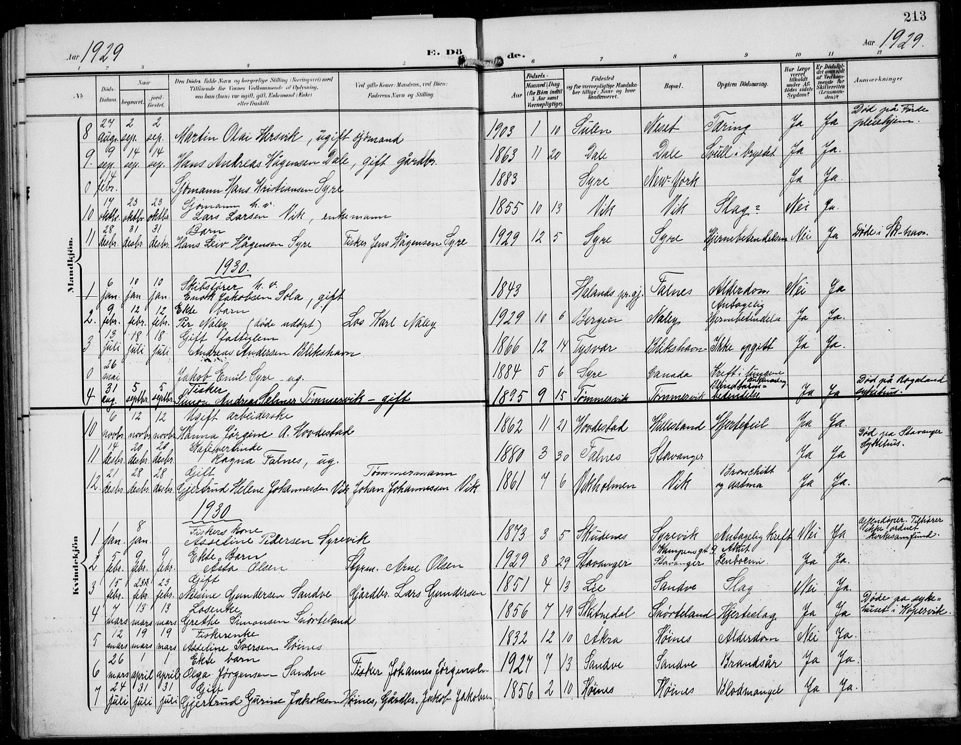 Skudenes sokneprestkontor, SAST/A -101849/H/Ha/Hab/L0009: Parish register (copy) no. B 9, 1908-1936, p. 213