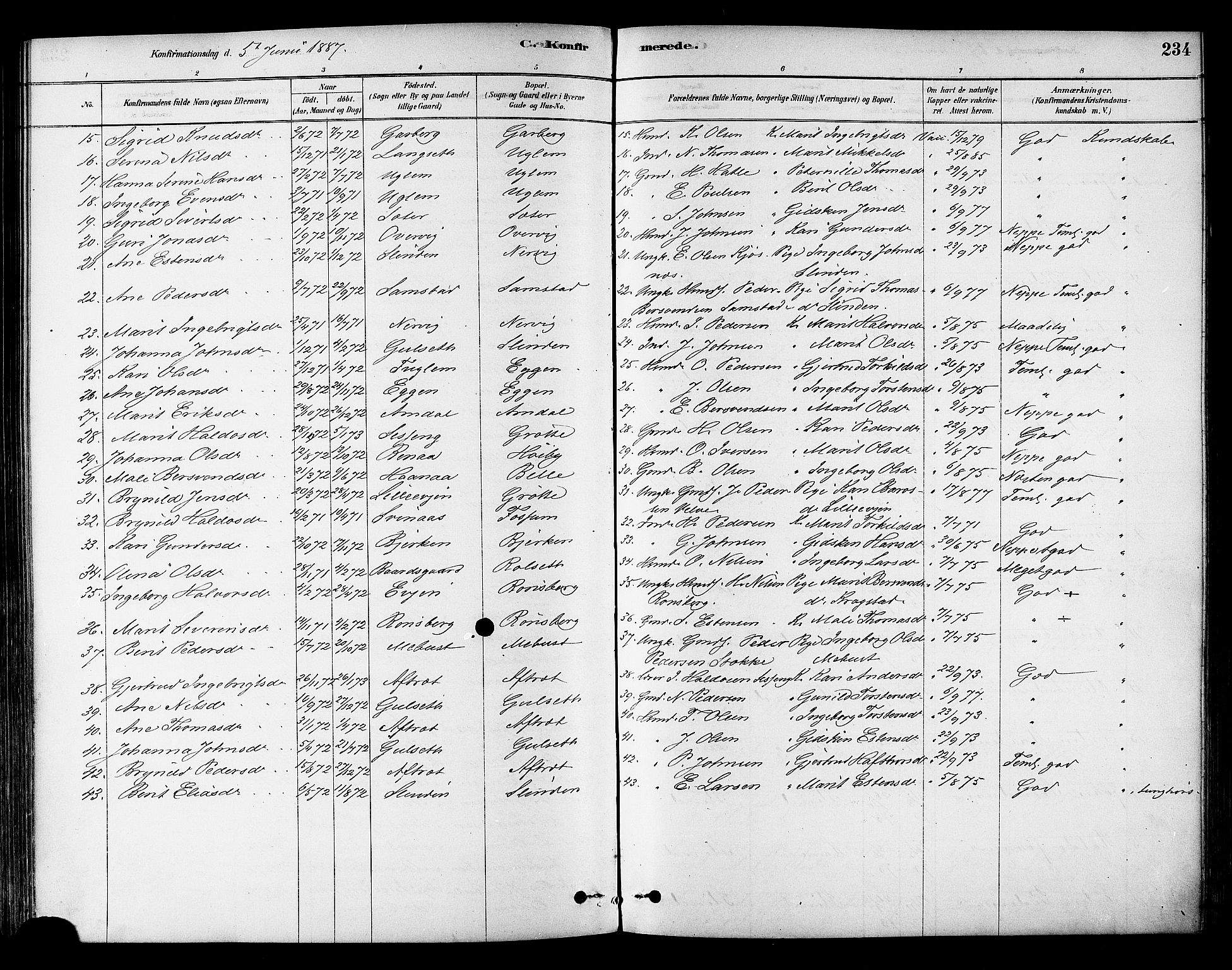 Ministerialprotokoller, klokkerbøker og fødselsregistre - Sør-Trøndelag, AV/SAT-A-1456/695/L1148: Parish register (official) no. 695A08, 1878-1891, p. 234