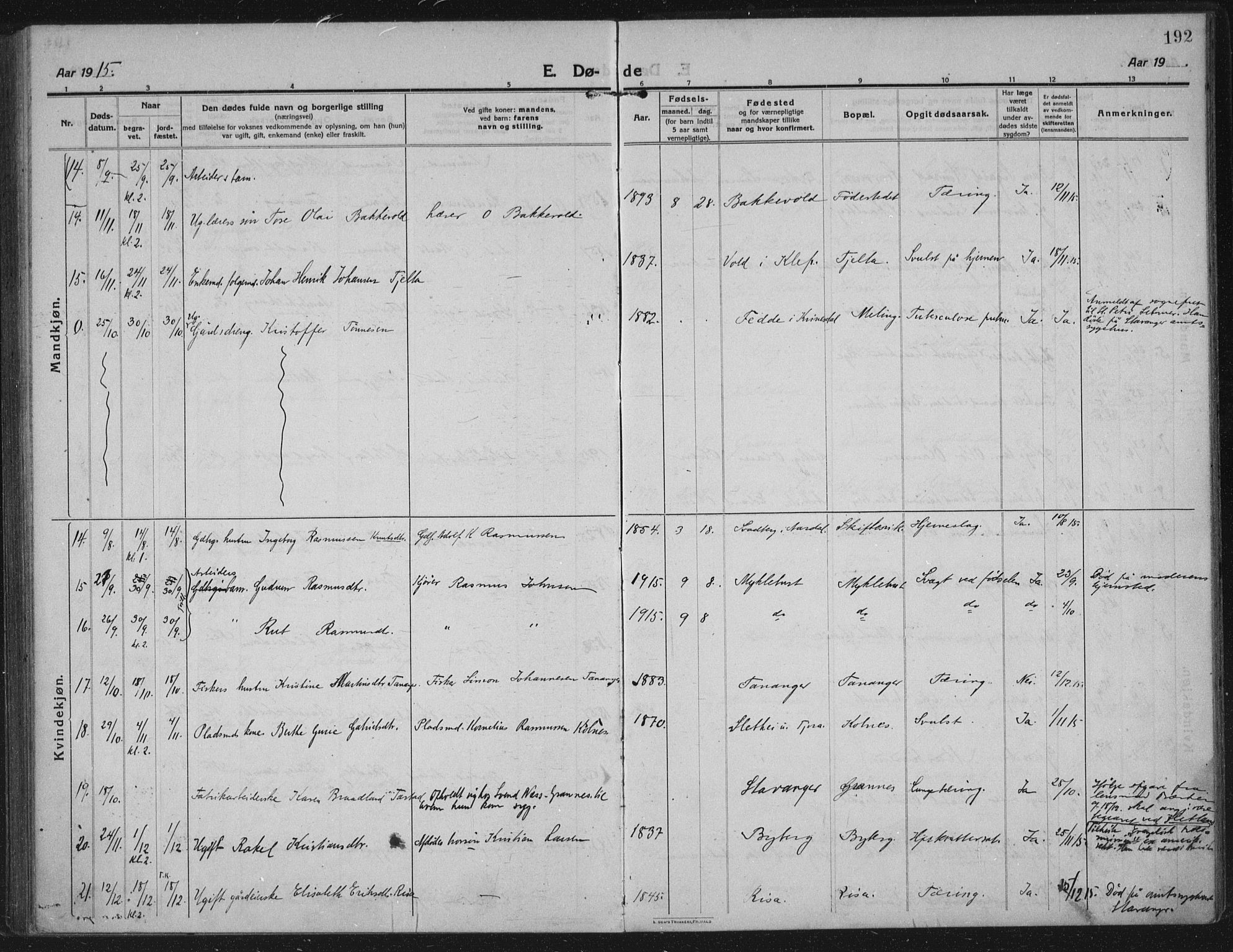 Håland sokneprestkontor, AV/SAST-A-101802/002/C/L0001: Parish register (official) no. A 14, 1913-1927, p. 192