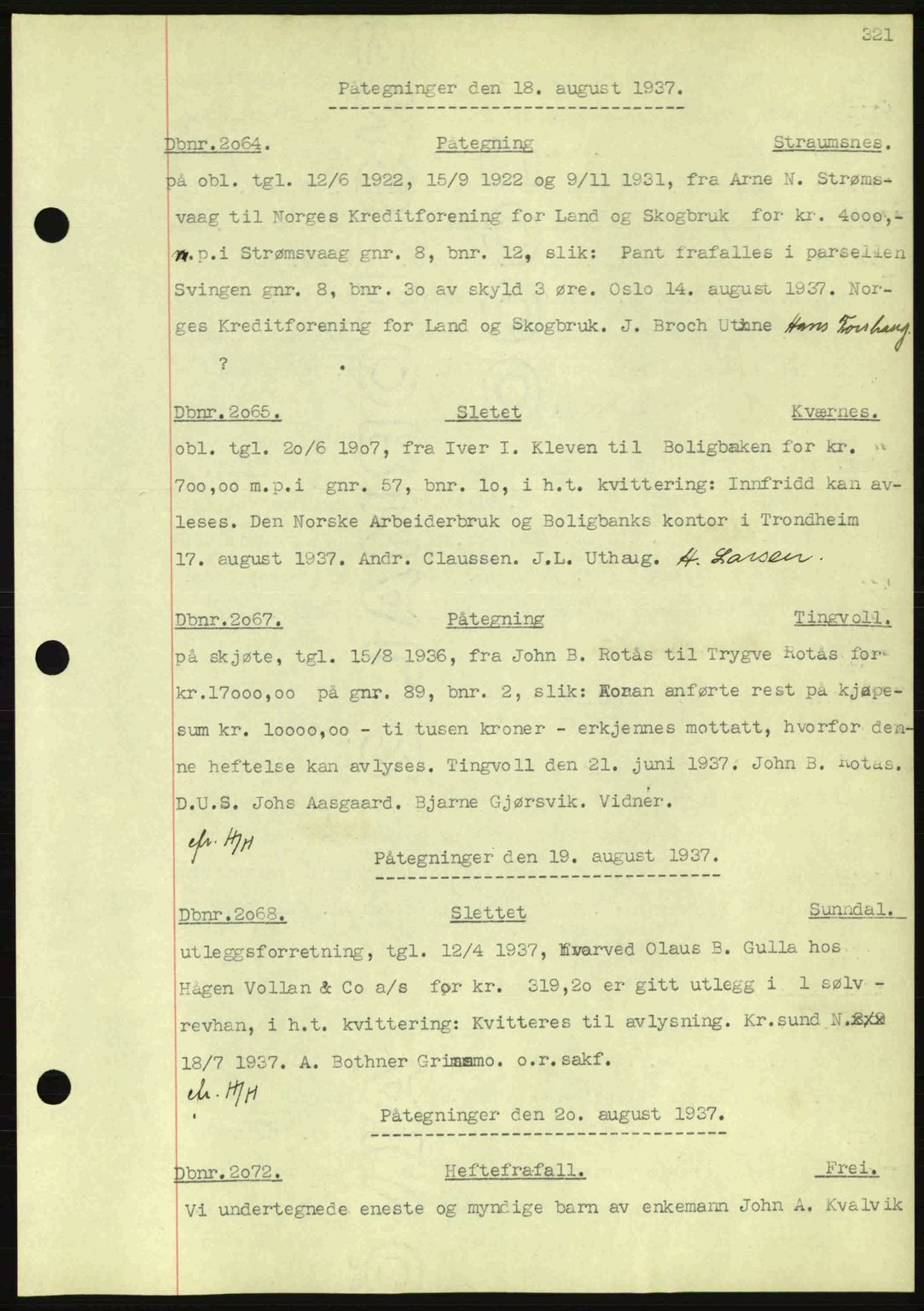 Nordmøre sorenskriveri, AV/SAT-A-4132/1/2/2Ca: Mortgage book no. C80, 1936-1939, Diary no: : 2064/1937