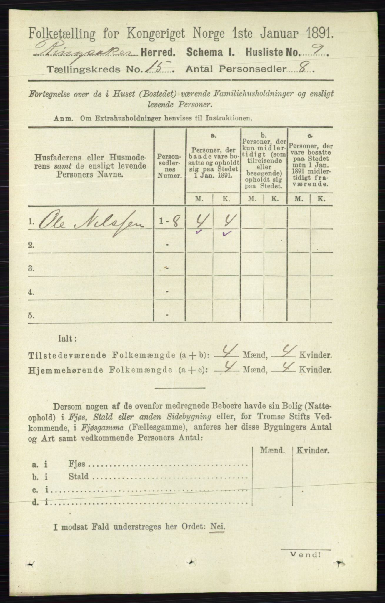 RA, 1891 census for 0412 Ringsaker, 1891, p. 8406