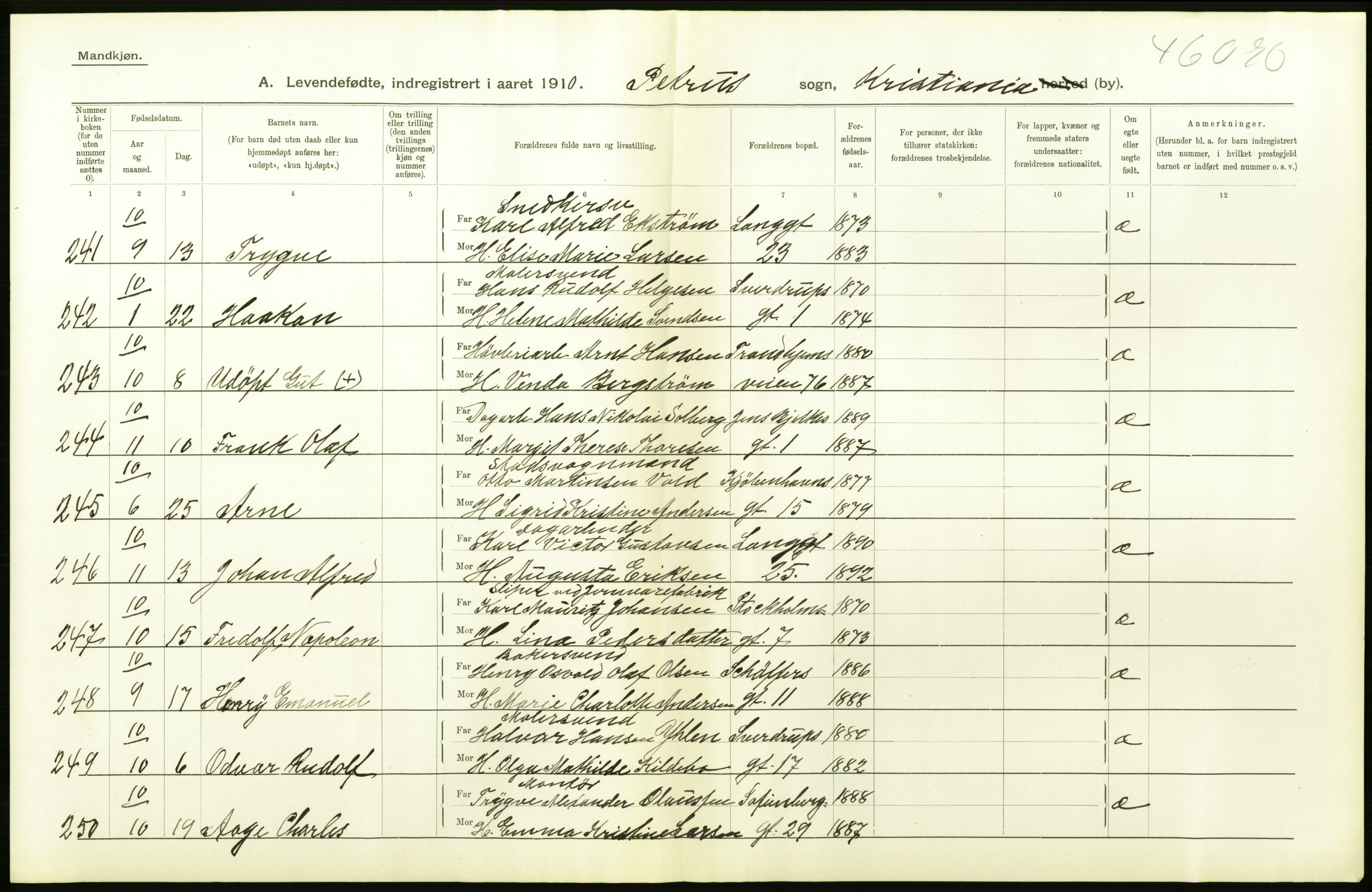 Statistisk sentralbyrå, Sosiodemografiske emner, Befolkning, AV/RA-S-2228/D/Df/Dfa/Dfah/L0006: Kristiania: Levendefødte menn., 1910, p. 370