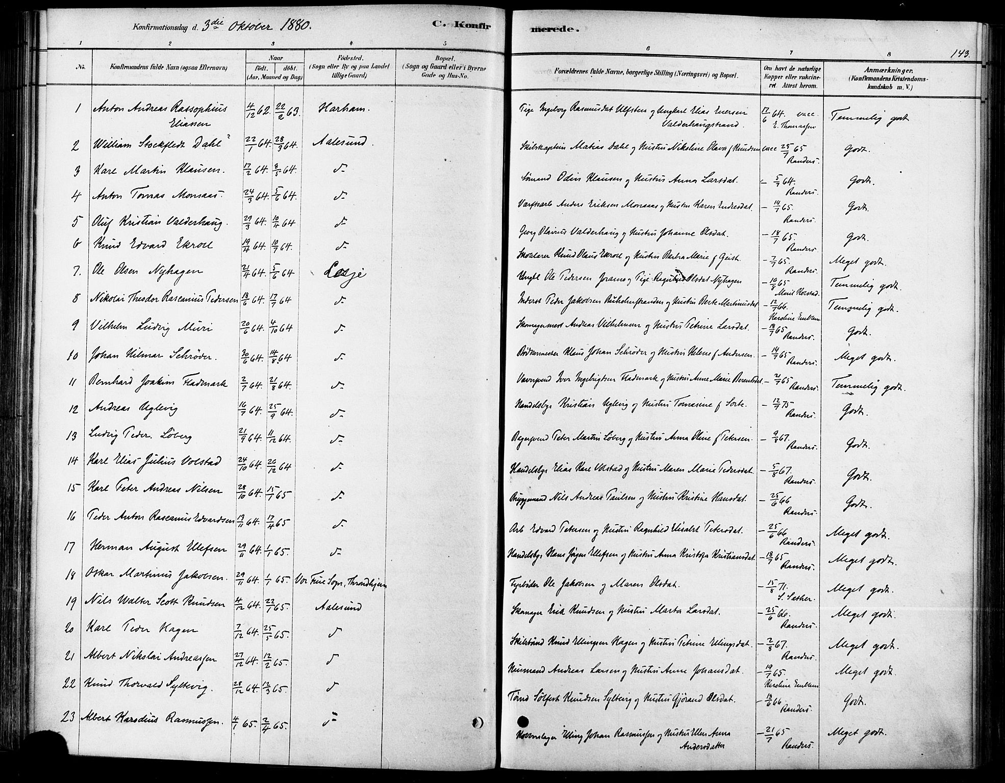 Ministerialprotokoller, klokkerbøker og fødselsregistre - Møre og Romsdal, SAT/A-1454/529/L0454: Parish register (official) no. 529A04, 1878-1885, p. 143