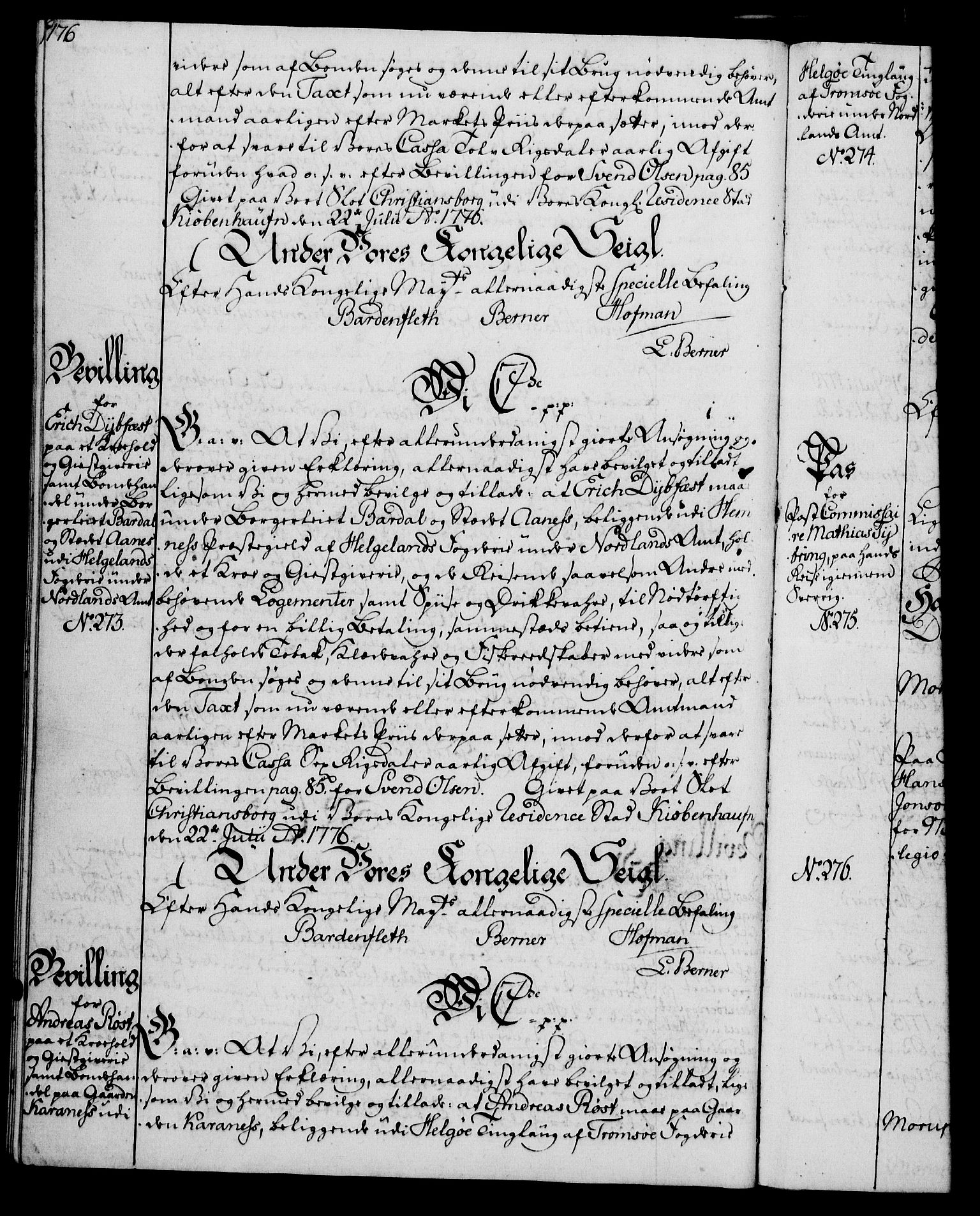 Rentekammeret, Kammerkanselliet, RA/EA-3111/G/Gg/Gga/L0010: Norsk ekspedisjonsprotokoll med register (merket RK 53.10), 1773-1778, p. 176