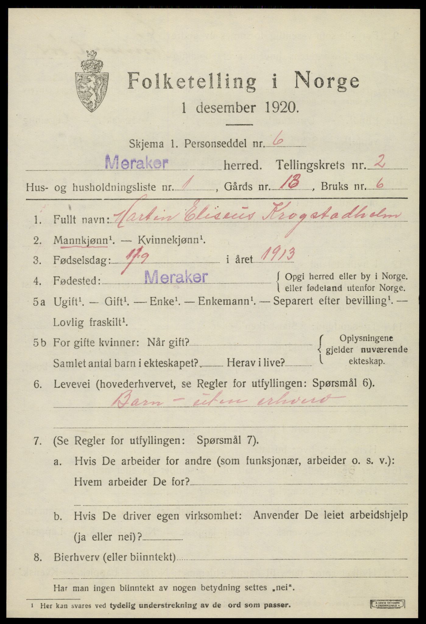 SAT, 1920 census for Meråker, 1920, p. 1744