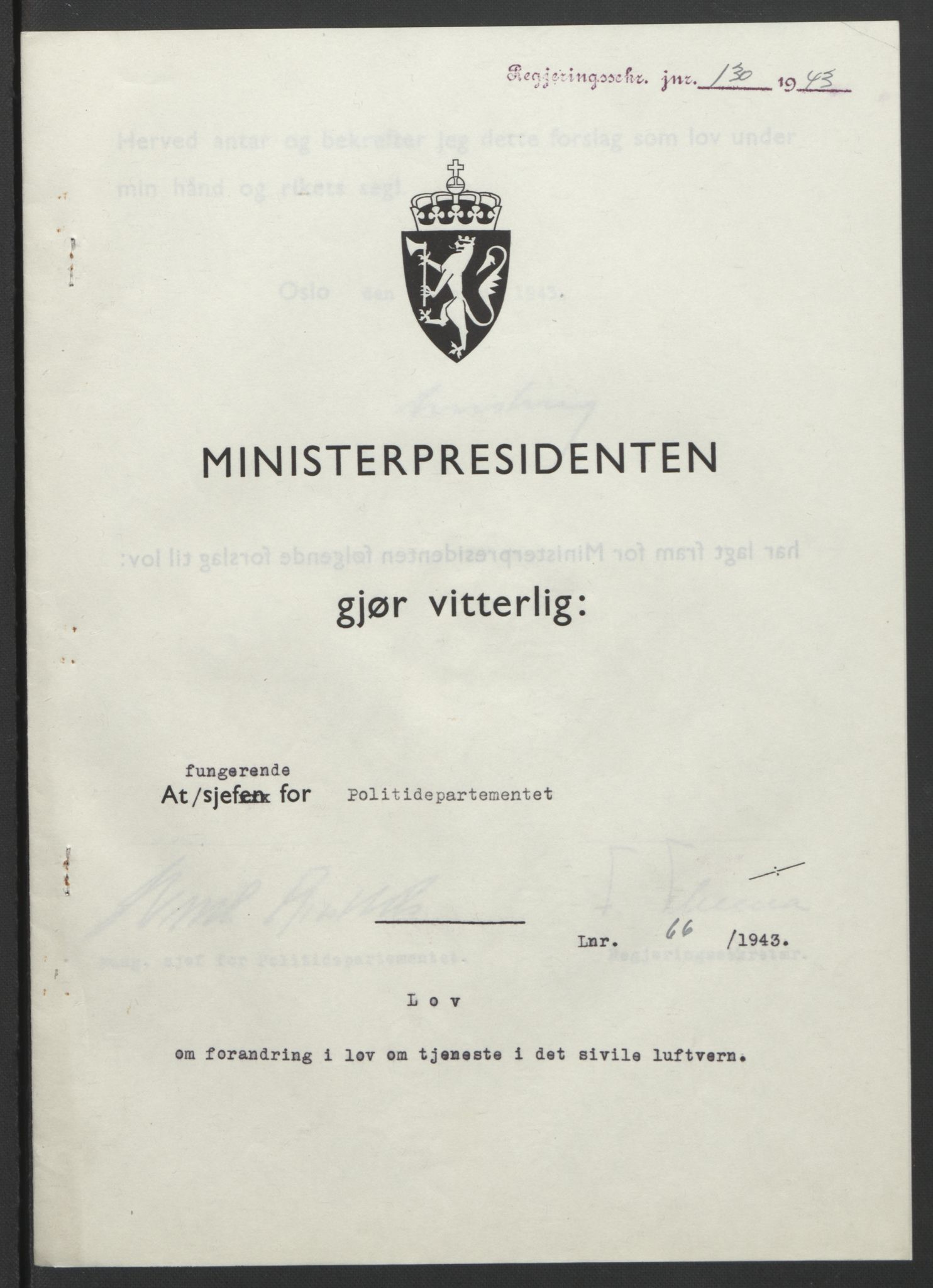 NS-administrasjonen 1940-1945 (Statsrådsekretariatet, de kommisariske statsråder mm), RA/S-4279/D/Db/L0099: Lover, 1943, p. 304
