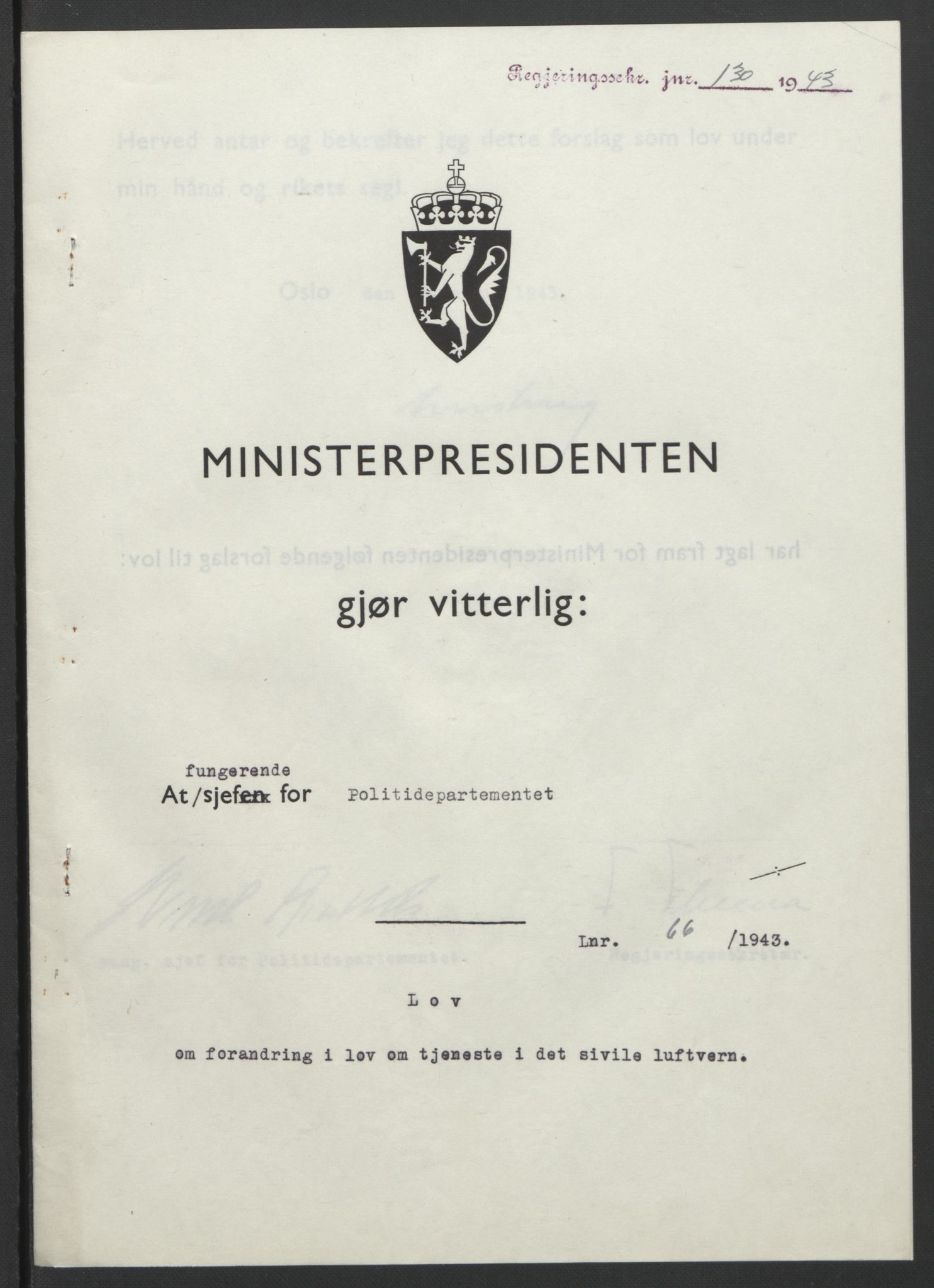 NS-administrasjonen 1940-1945 (Statsrådsekretariatet, de kommisariske statsråder mm), AV/RA-S-4279/D/Db/L0099: Lover, 1943, p. 304