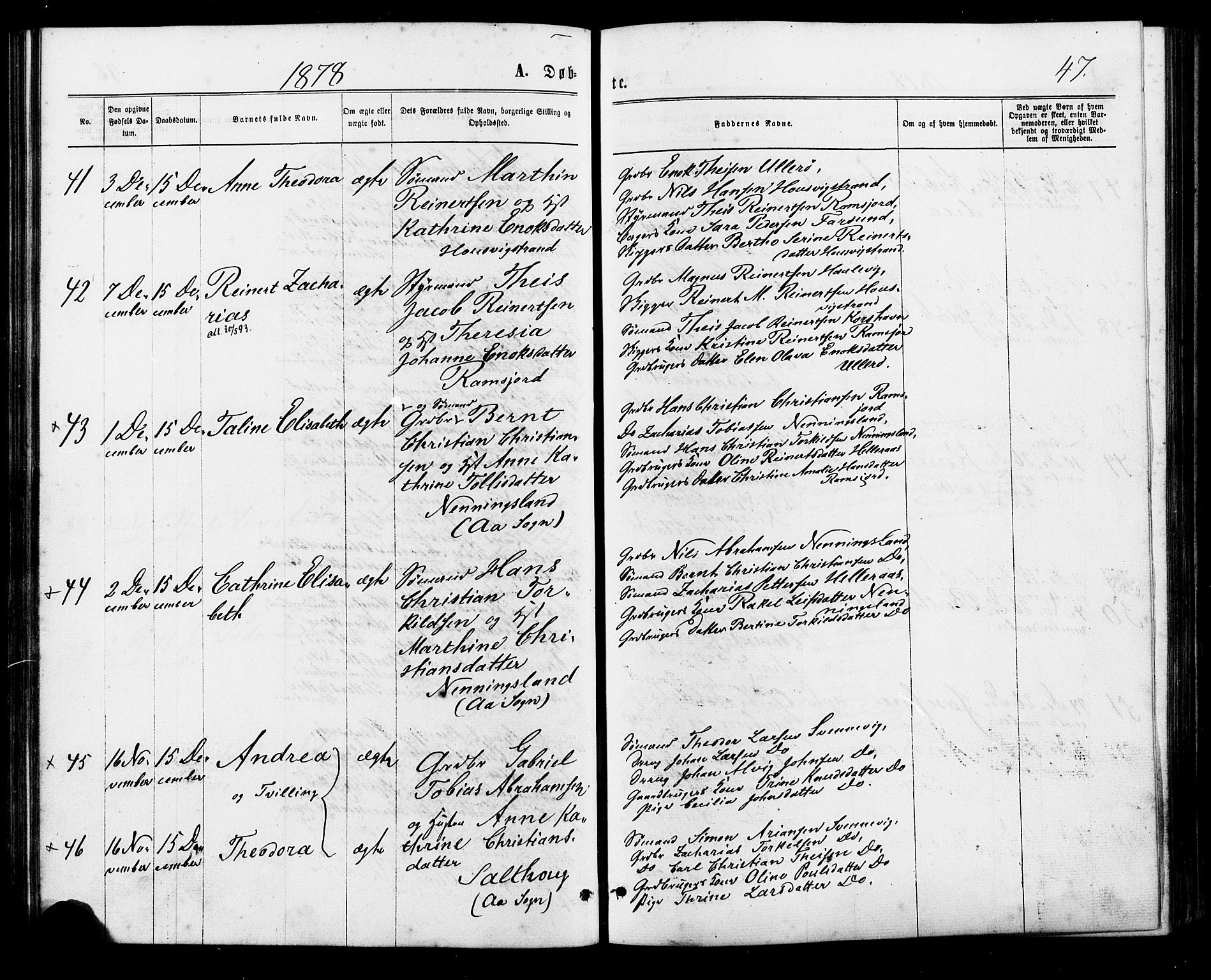 Lyngdal sokneprestkontor, AV/SAK-1111-0029/F/Fa/Faa/L0003: Parish register (official) no. A 3, 1871-1882, p. 47