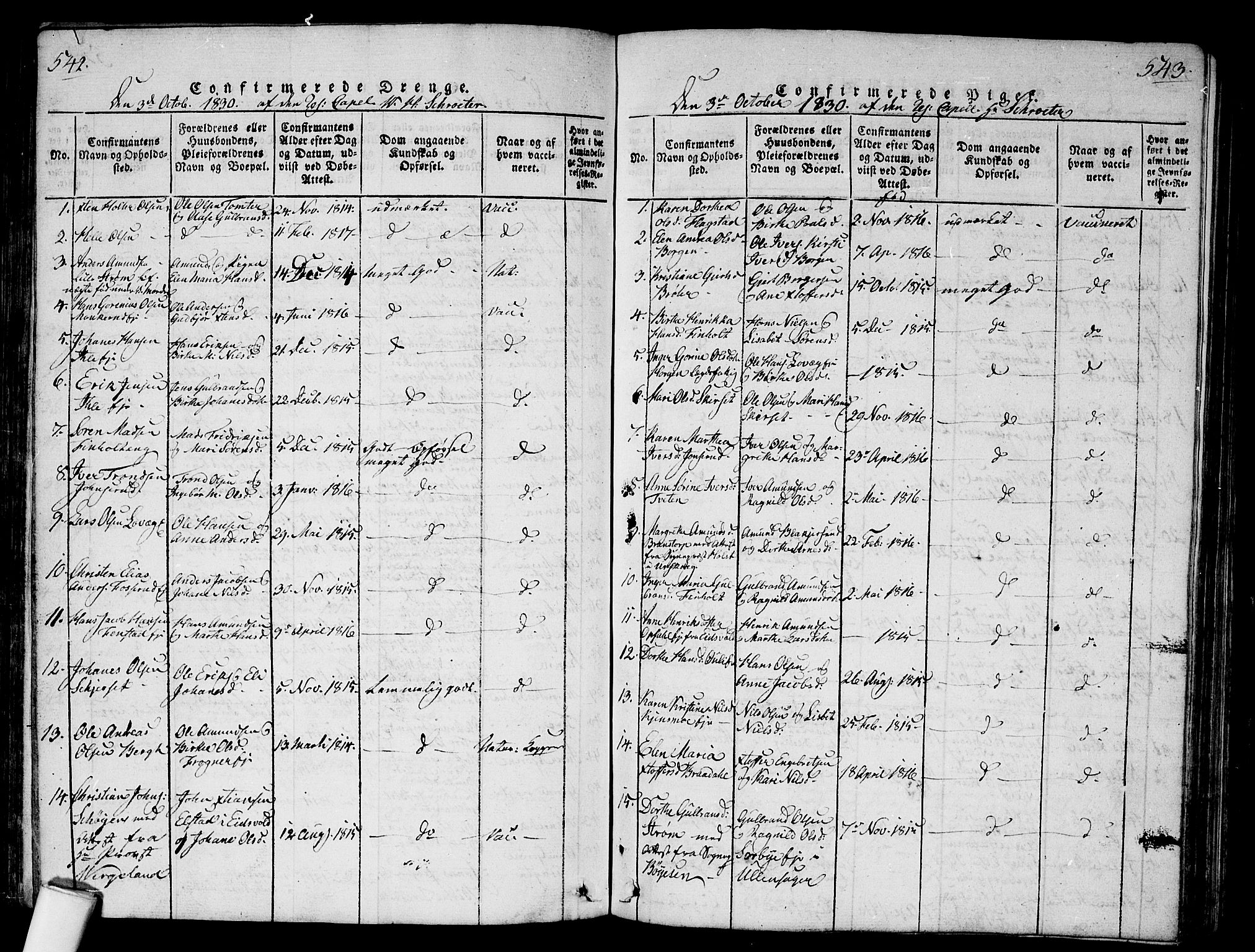 Nes prestekontor Kirkebøker, AV/SAO-A-10410/G/Ga/L0001: Parish register (copy) no. I 1, 1815-1835, p. 542-543