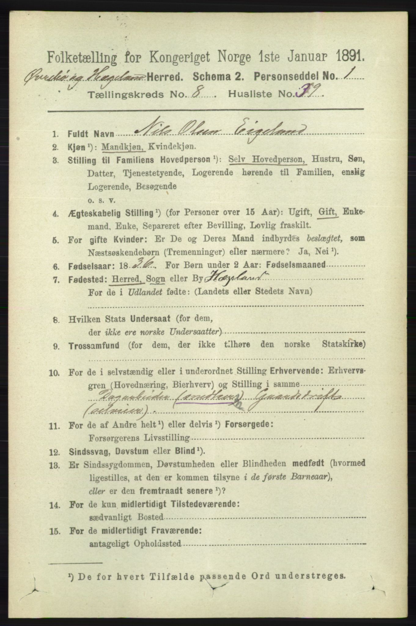 RA, 1891 census for 1016 Øvrebø og Hægeland, 1891, p. 1694