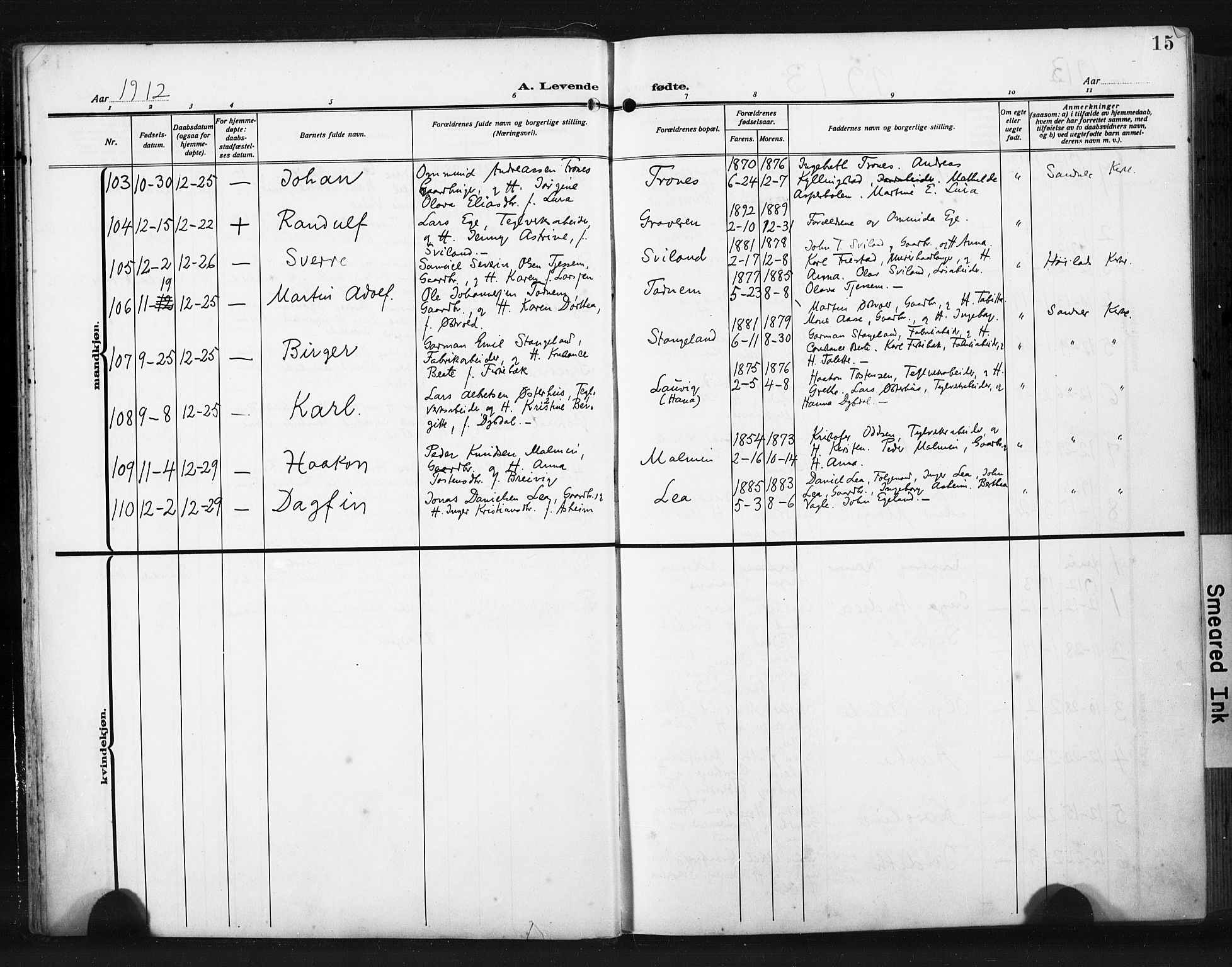 Høyland sokneprestkontor, SAST/A-101799/001/30BA/L0017: Parish register (official) no. A 15, 1912-1924, p. 15