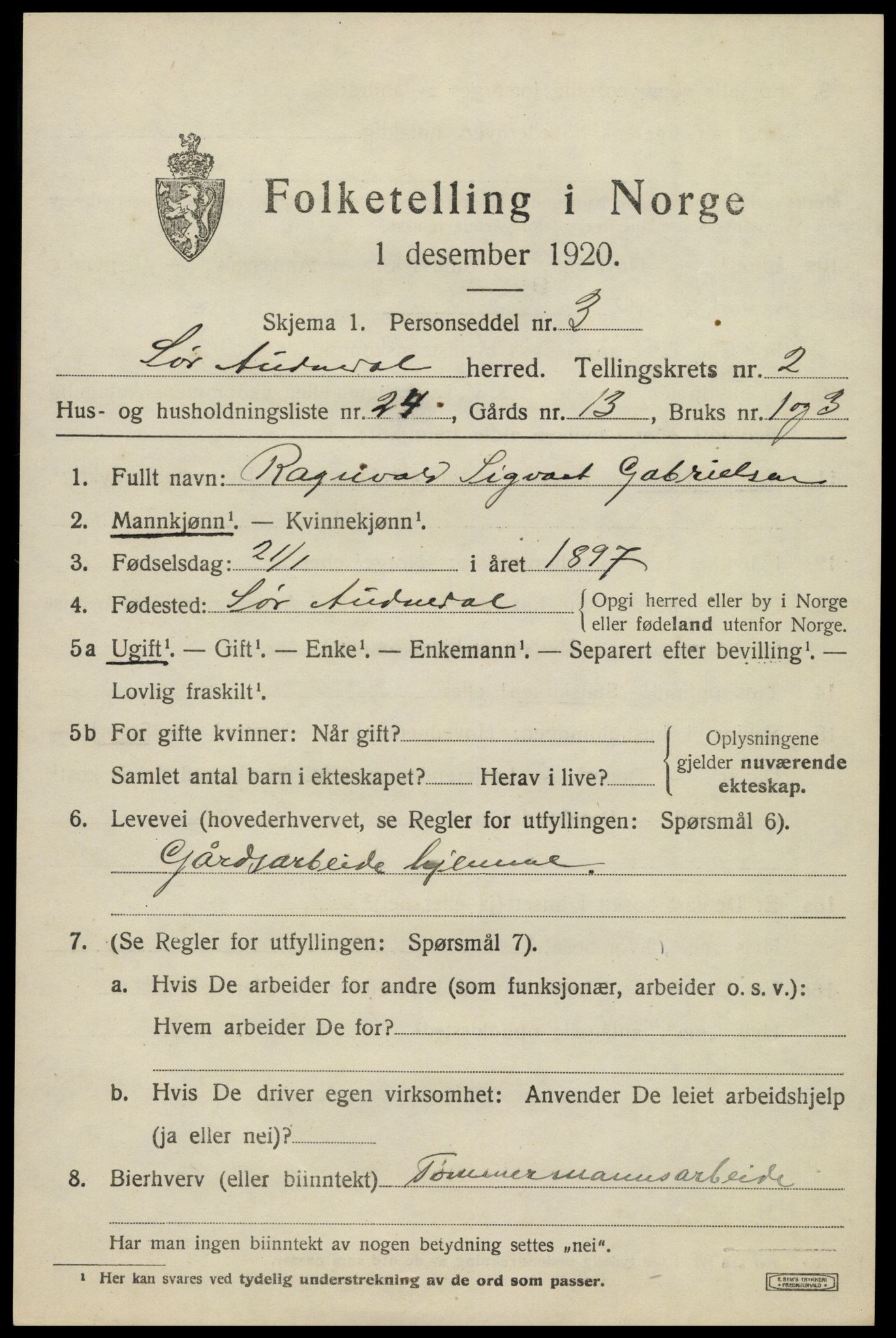 SAK, 1920 census for Sør-Audnedal, 1920, p. 1807