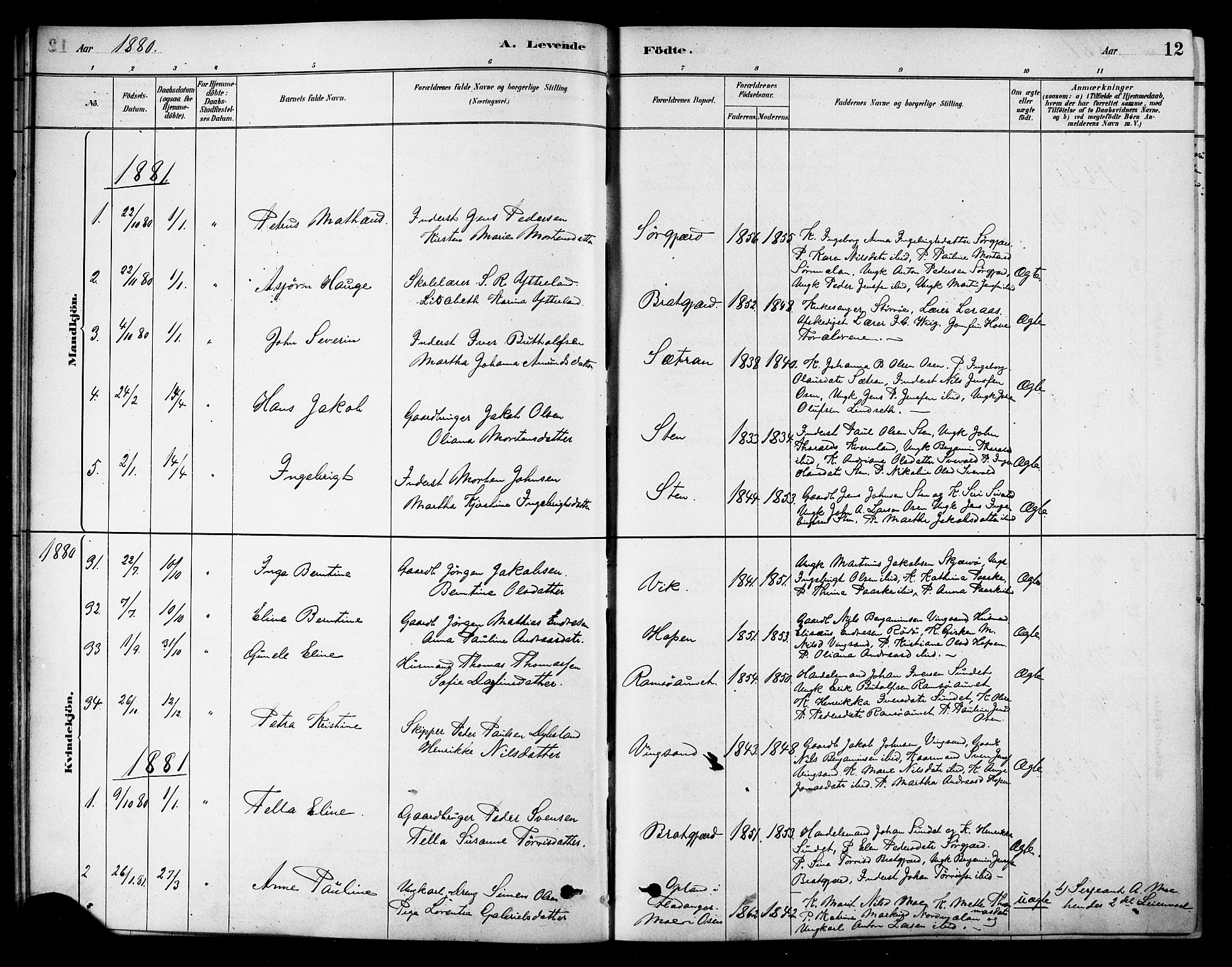 Ministerialprotokoller, klokkerbøker og fødselsregistre - Sør-Trøndelag, SAT/A-1456/658/L0722: Parish register (official) no. 658A01, 1879-1896, p. 12