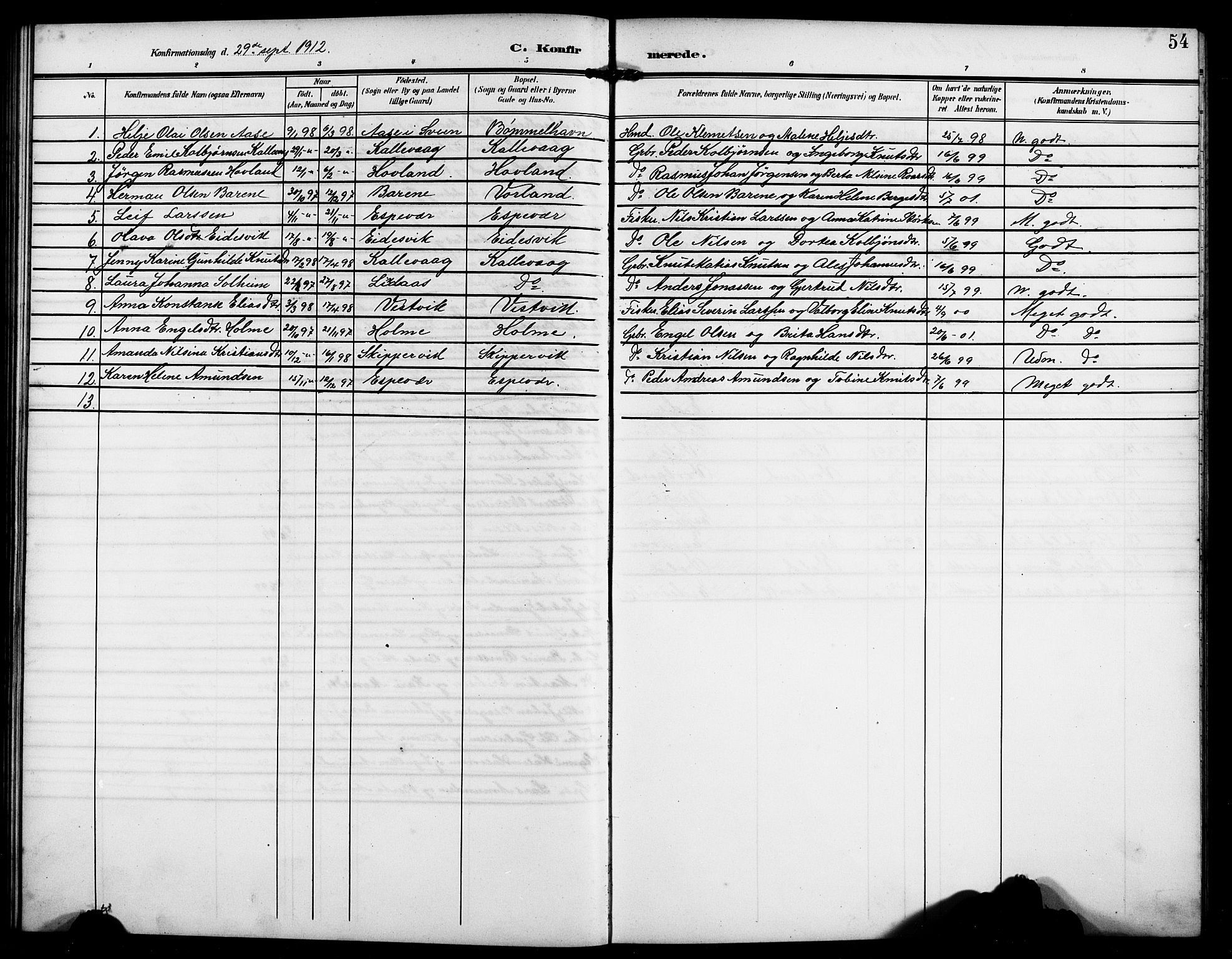 Finnås sokneprestembete, AV/SAB-A-99925/H/Ha/Hab/Habc/L0003: Parish register (copy) no. C 3, 1907-1917, p. 54