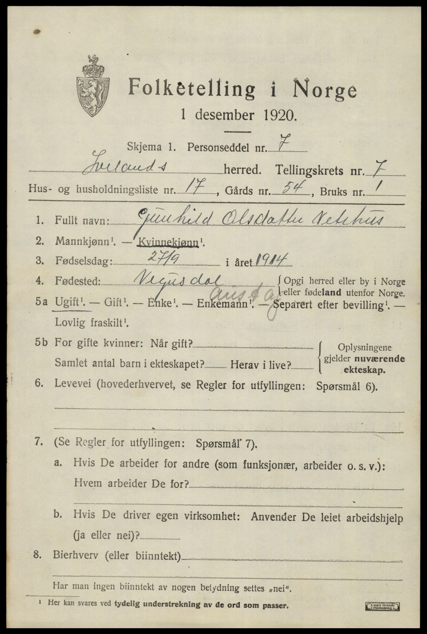 SAK, 1920 census for Iveland, 1920, p. 2287