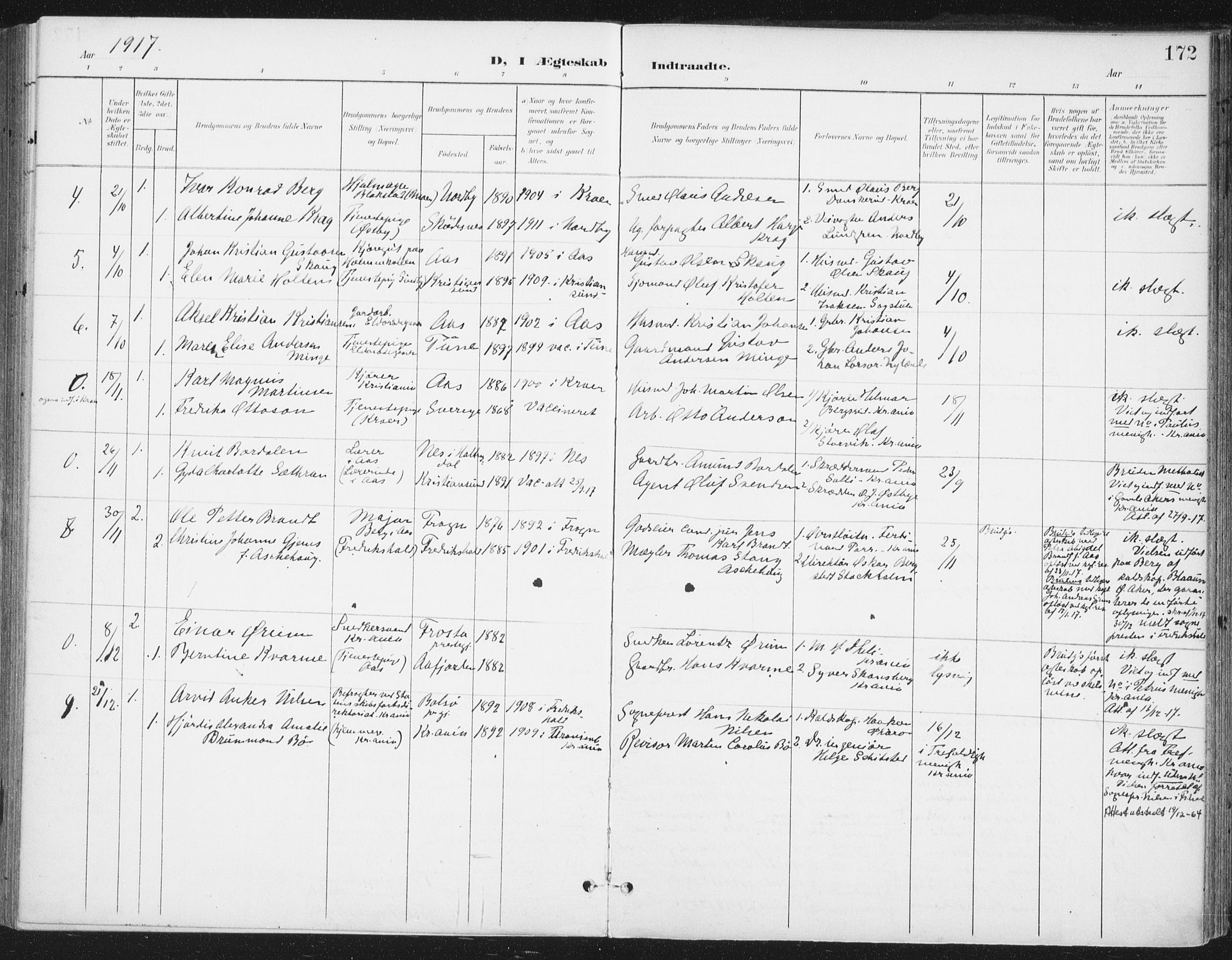 Ås prestekontor Kirkebøker, SAO/A-10894/F/Fa/L0010: Parish register (official) no. I 10, 1900-1918, p. 172
