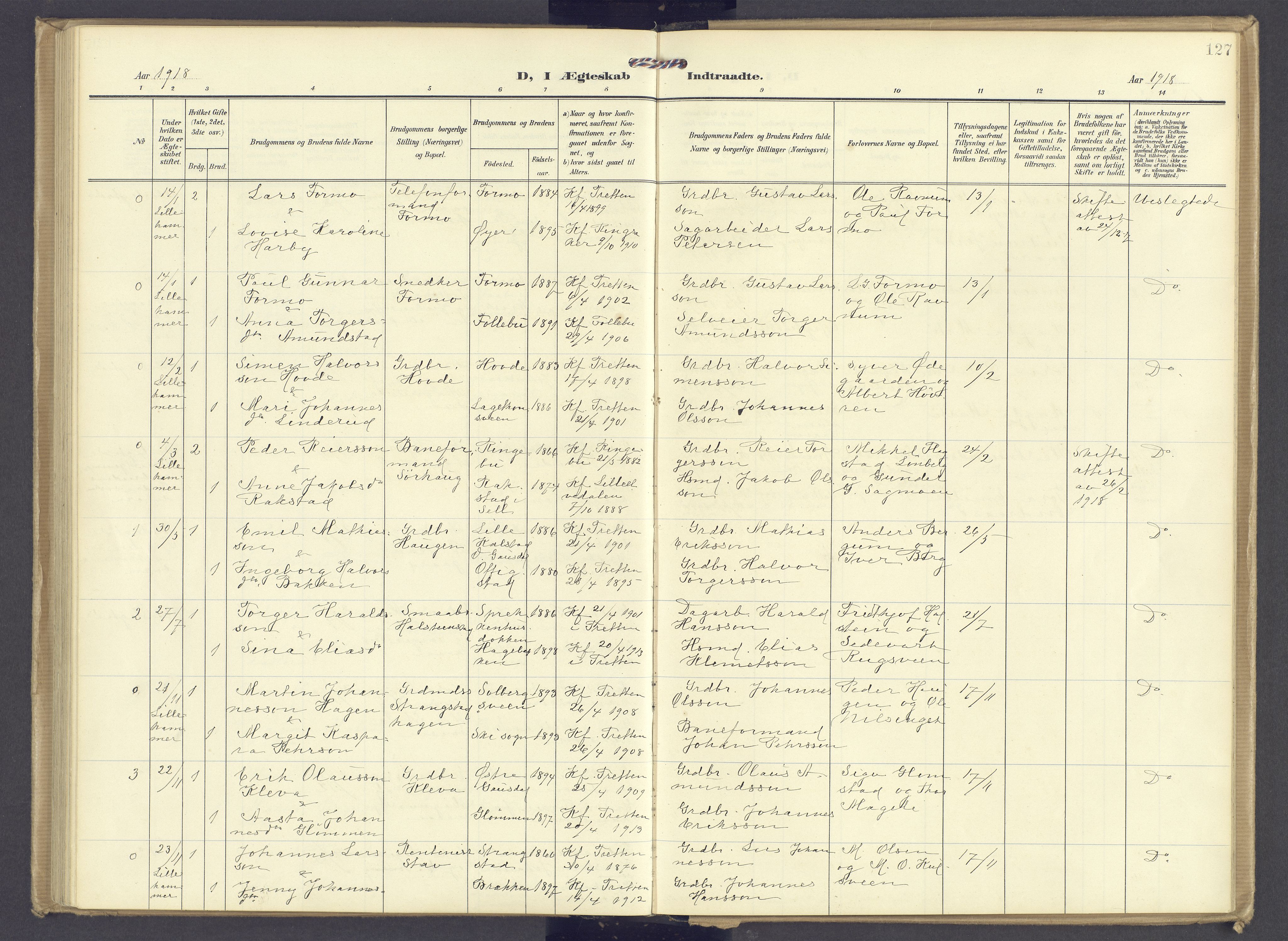 Øyer prestekontor, AV/SAH-PREST-084/H/Ha/Haa/L0013: Parish register (official) no. 13, 1905-1920, p. 127