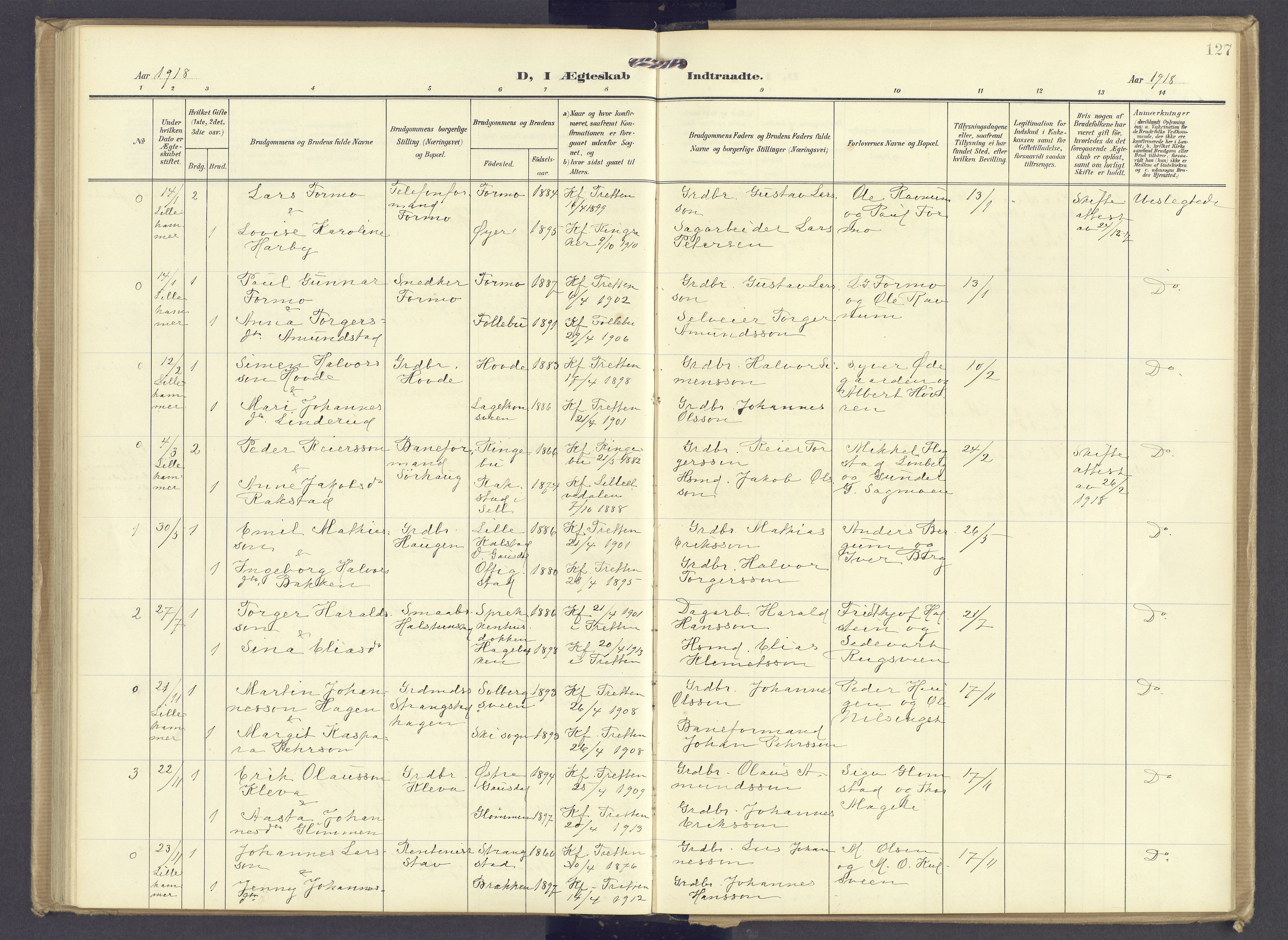 Øyer prestekontor, SAH/PREST-084/H/Ha/Haa/L0013: Parish register (official) no. 13, 1905-1920, p. 127