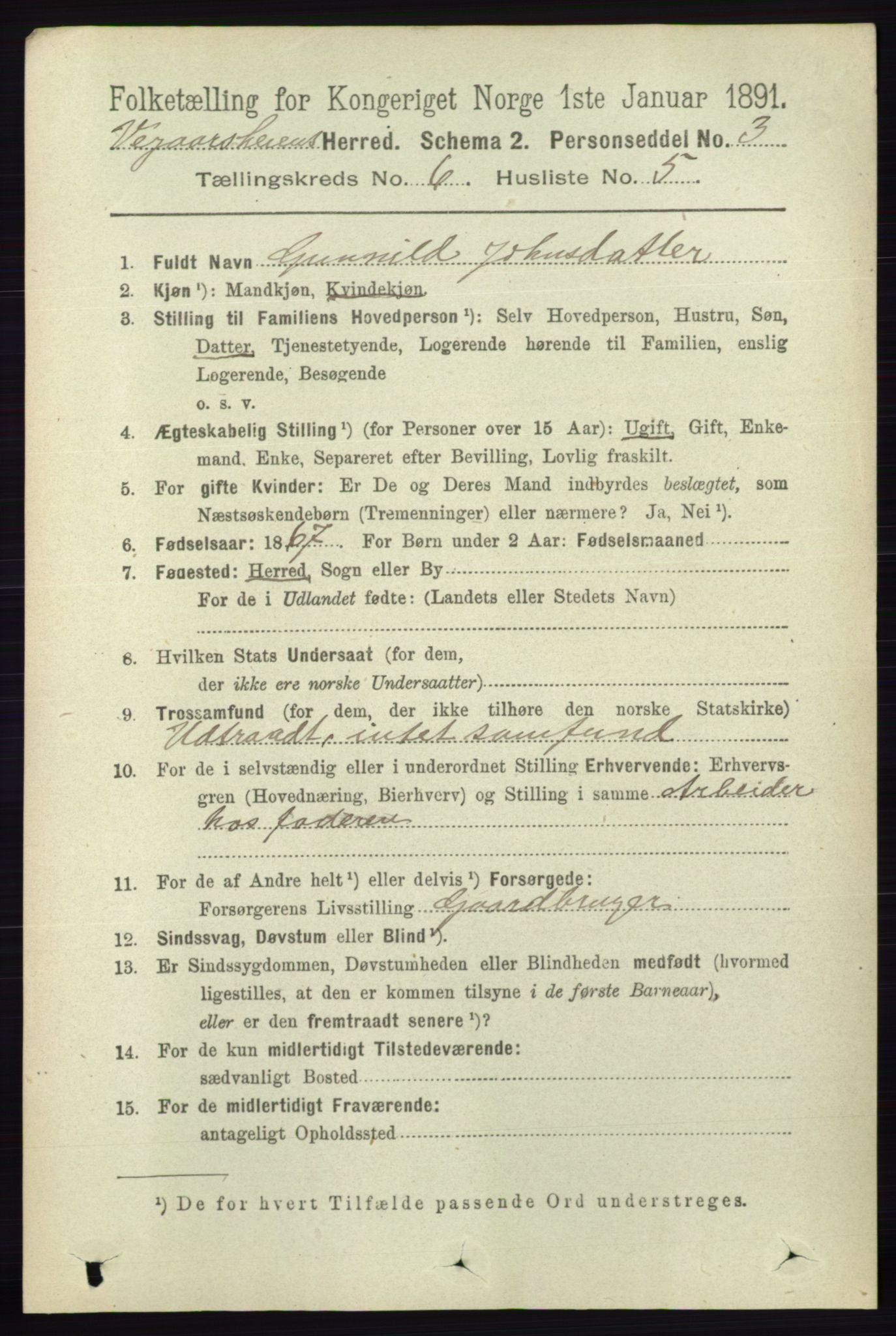 RA, 1891 census for 0912 Vegårshei, 1891, p. 1202