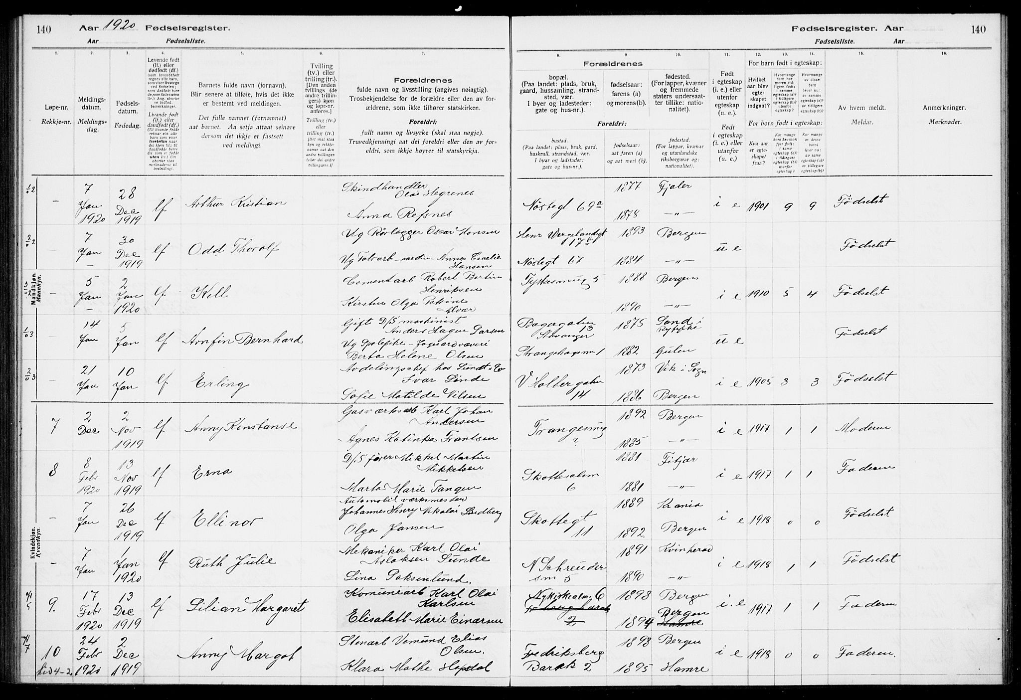 Nykirken Sokneprestembete, AV/SAB-A-77101/I/Id/L00A1: Birth register no. A 1, 1916-1922, p. 140