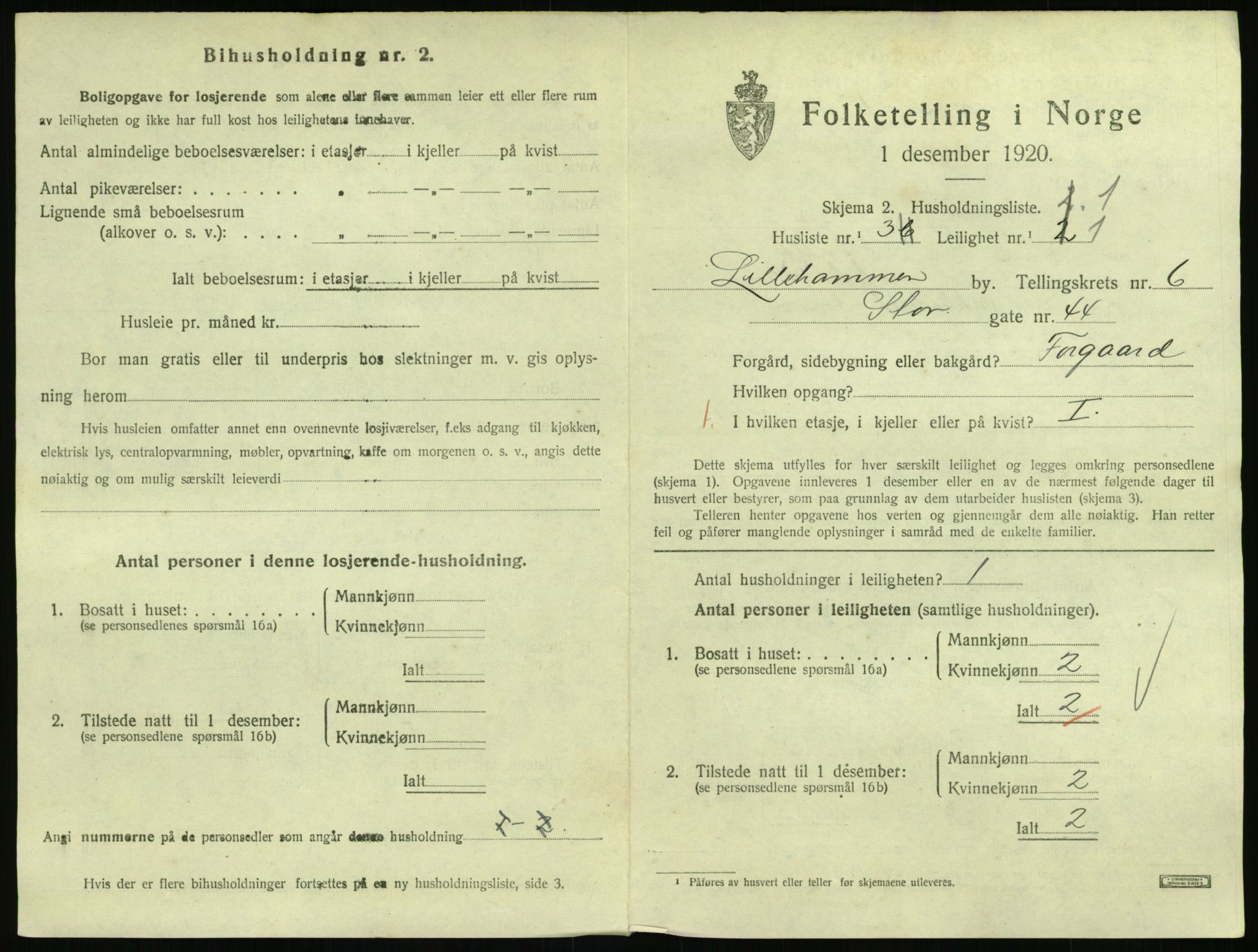 SAH, 1920 census for Lillehammer, 1920, p. 2322