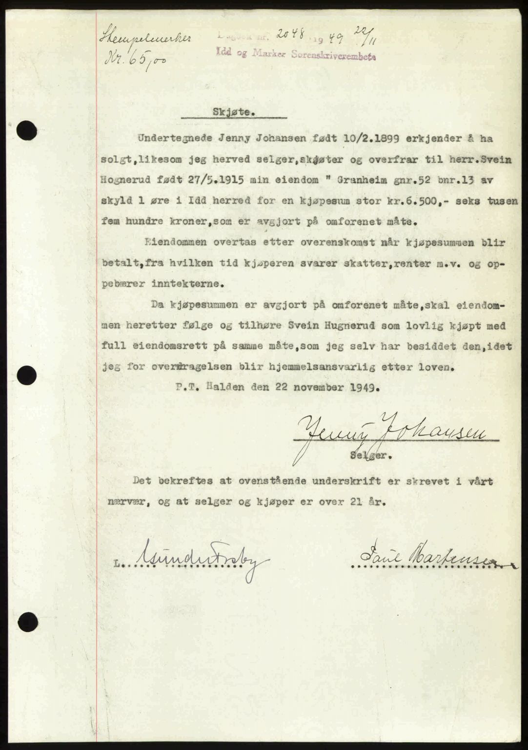 Idd og Marker sorenskriveri, AV/SAO-A-10283/G/Gb/Gbb/L0013: Mortgage book no. A13, 1949-1950, Diary no: : 2048/1949