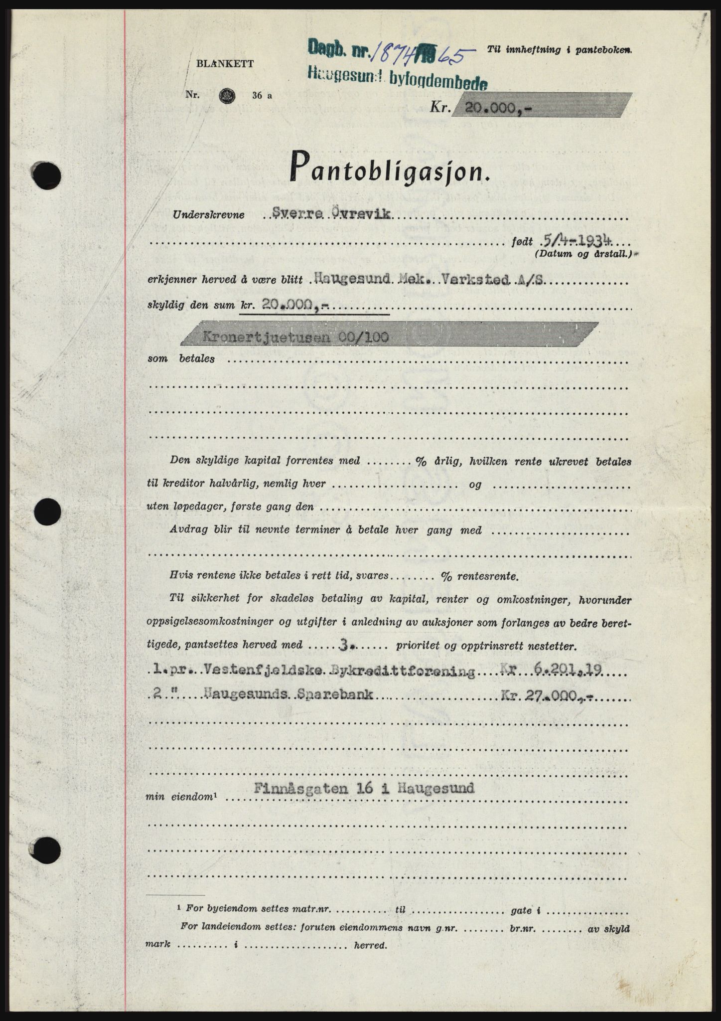 Haugesund tingrett, SAST/A-101415/01/II/IIC/L0053: Mortgage book no. B 53, 1965-1965, Diary no: : 1874/1965