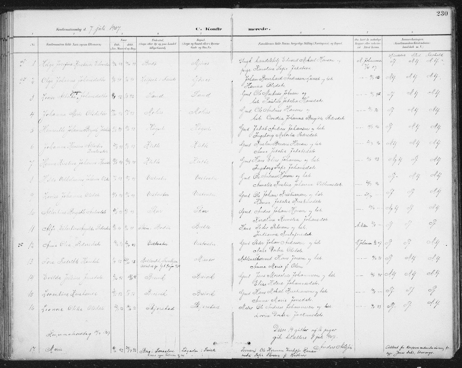 Ministerialprotokoller, klokkerbøker og fødselsregistre - Nordland, AV/SAT-A-1459/852/L0741: Parish register (official) no. 852A11, 1894-1917, p. 230