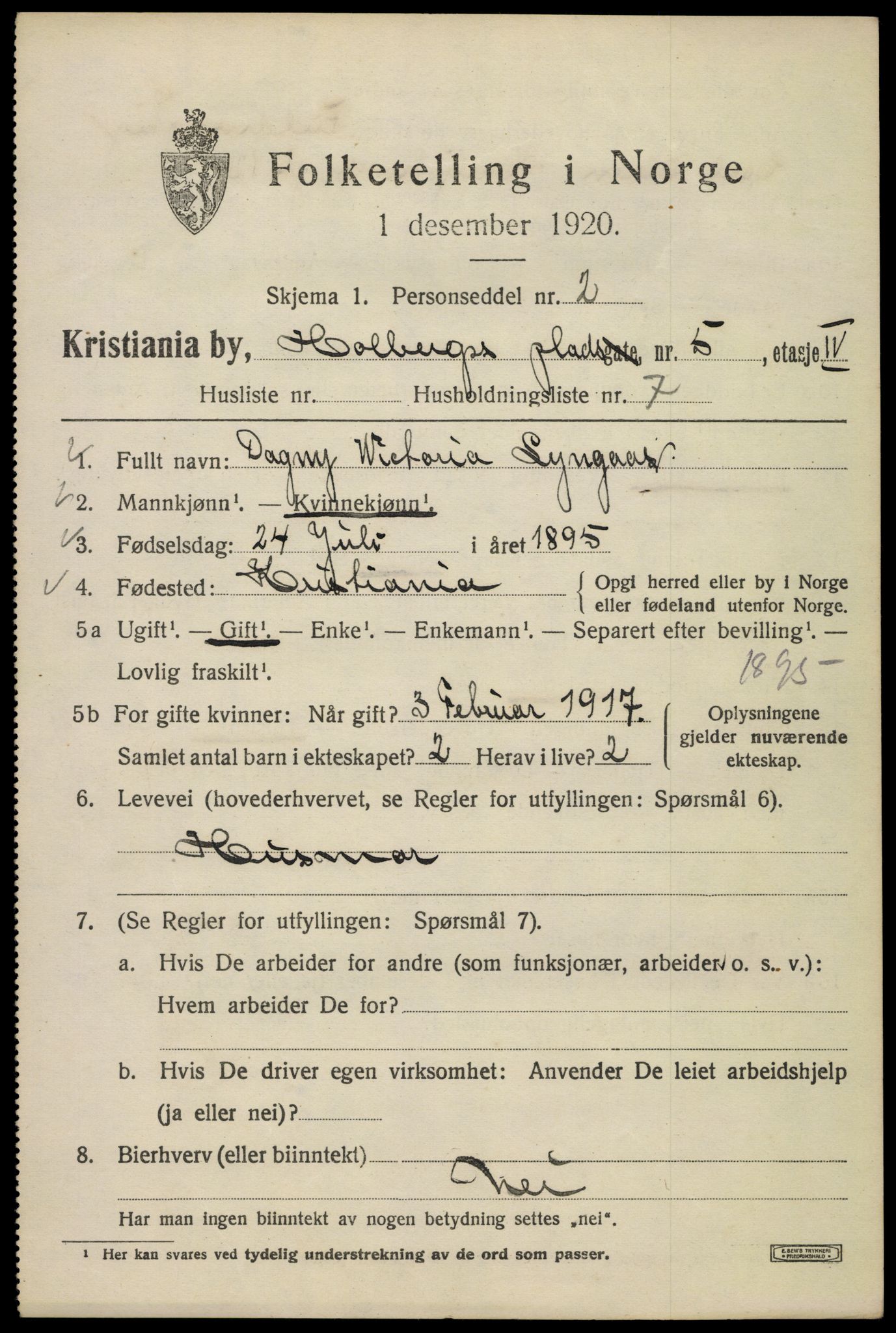 SAO, 1920 census for Kristiania, 1920, p. 295913