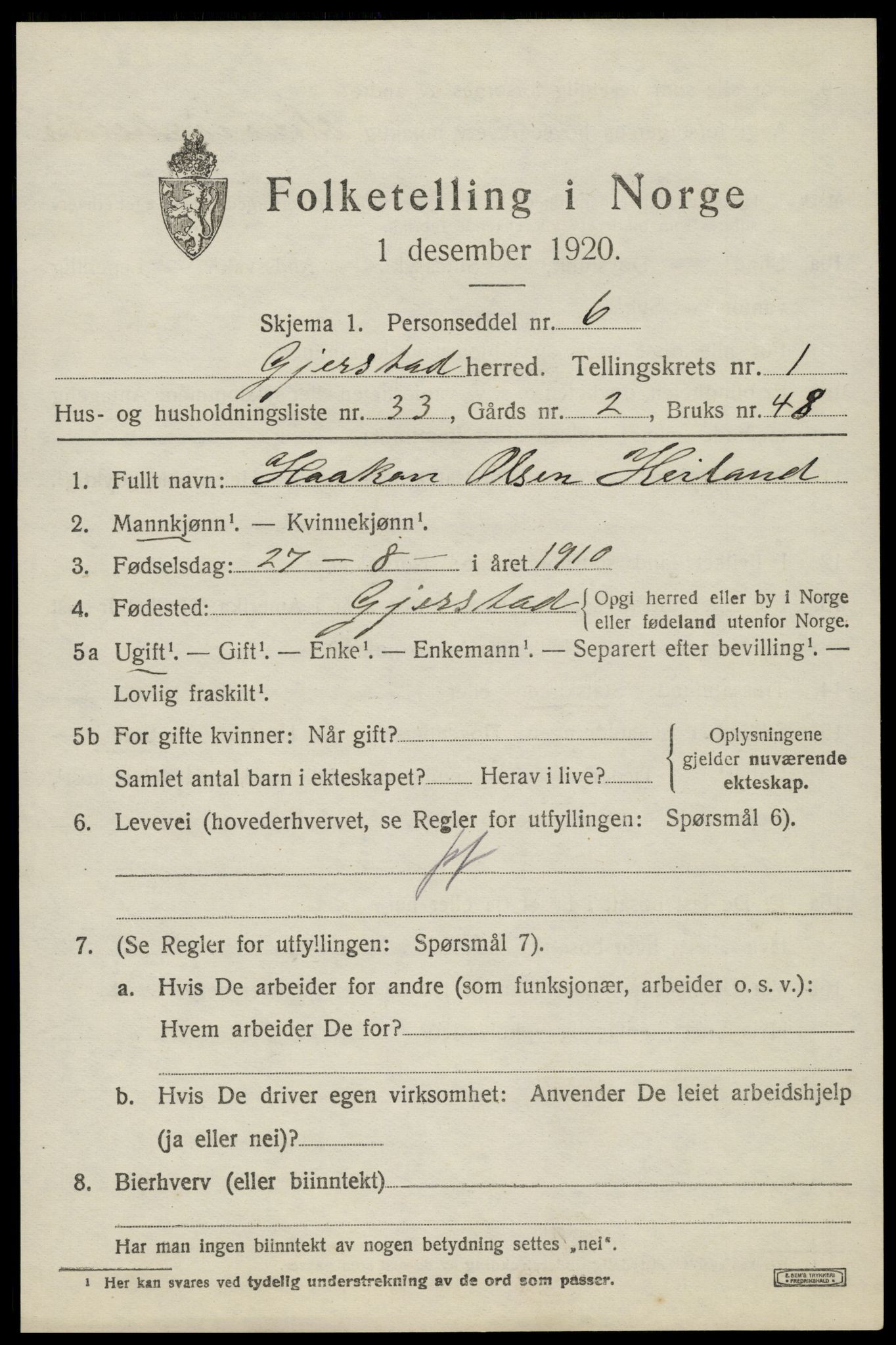 SAK, 1920 census for Gjerstad, 1920, p. 1437