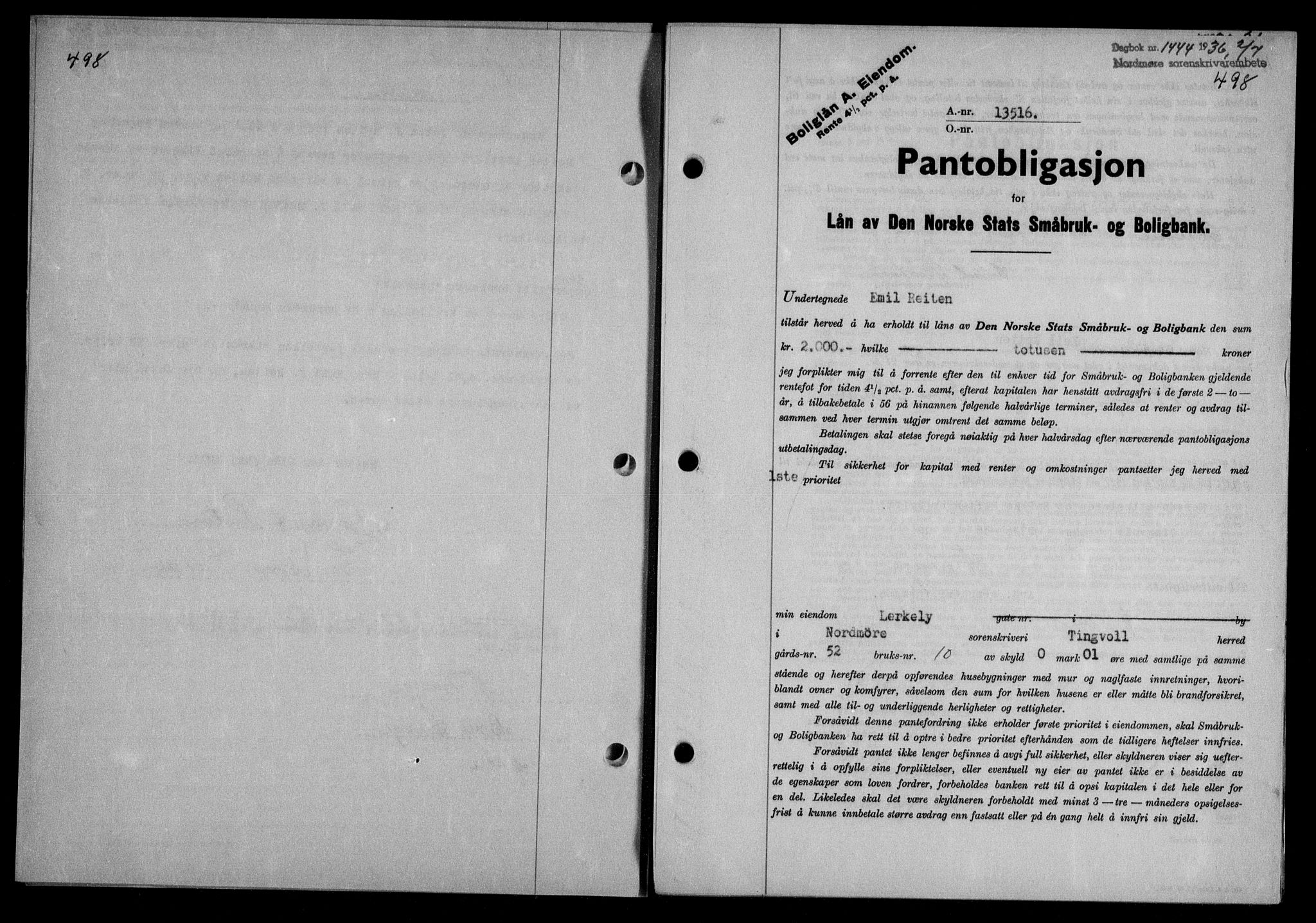 Nordmøre sorenskriveri, AV/SAT-A-4132/1/2/2Ca/L0088: Mortgage book no. 78, 1936-1936, Diary no: : 1444/1936