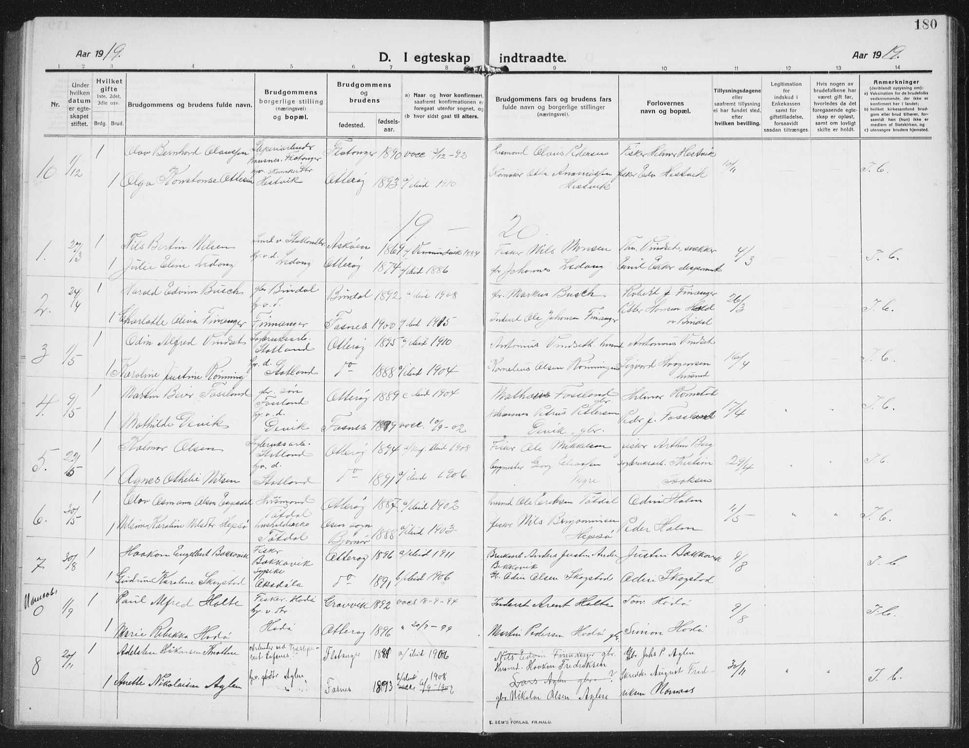 Ministerialprotokoller, klokkerbøker og fødselsregistre - Nord-Trøndelag, SAT/A-1458/774/L0630: Parish register (copy) no. 774C01, 1910-1934, p. 180