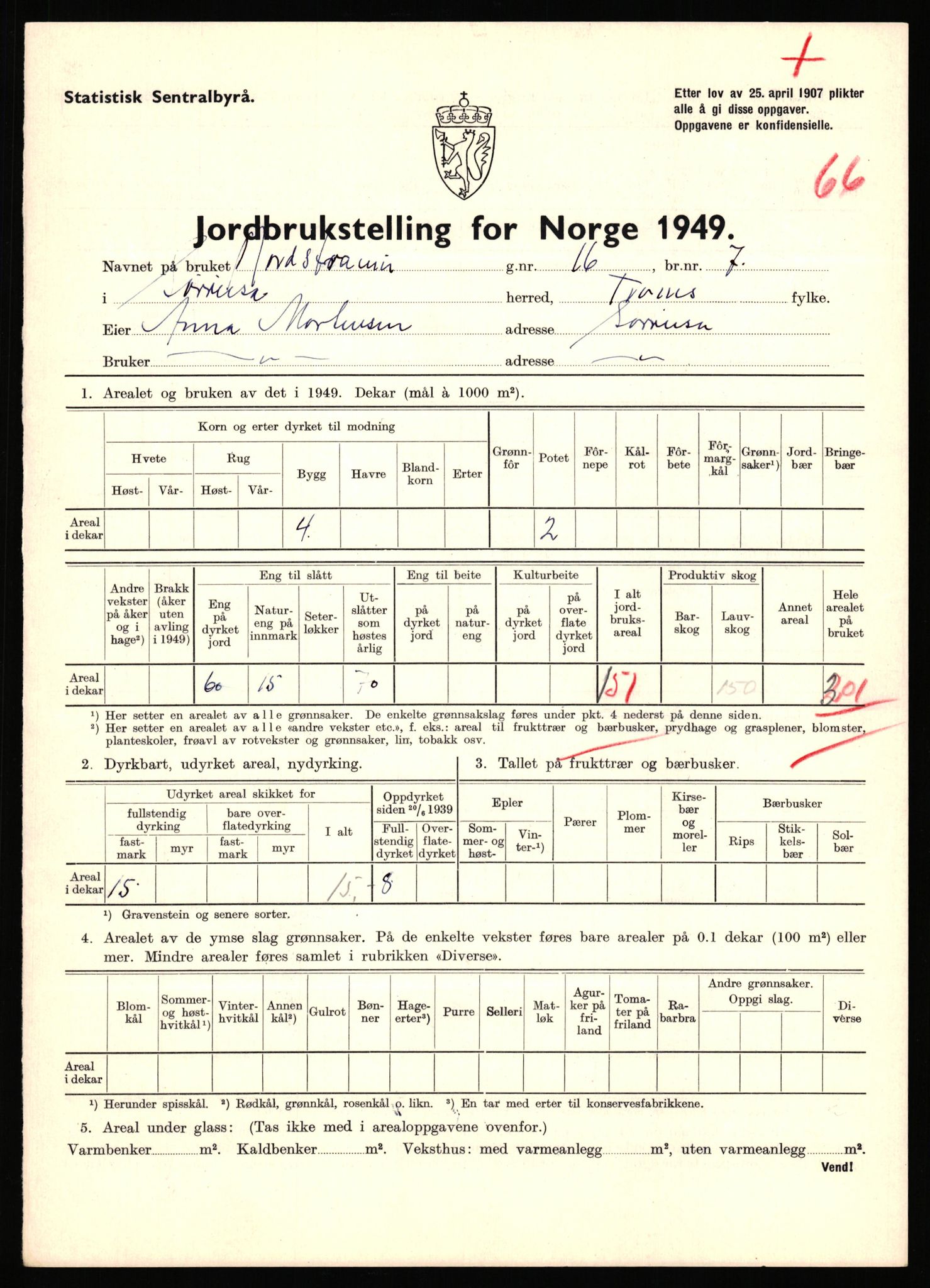 Statistisk sentralbyrå, Næringsøkonomiske emner, Jordbruk, skogbruk, jakt, fiske og fangst, AV/RA-S-2234/G/Gc/L0440: Troms: Sørreisa og Dyrøy, 1949, p. 852