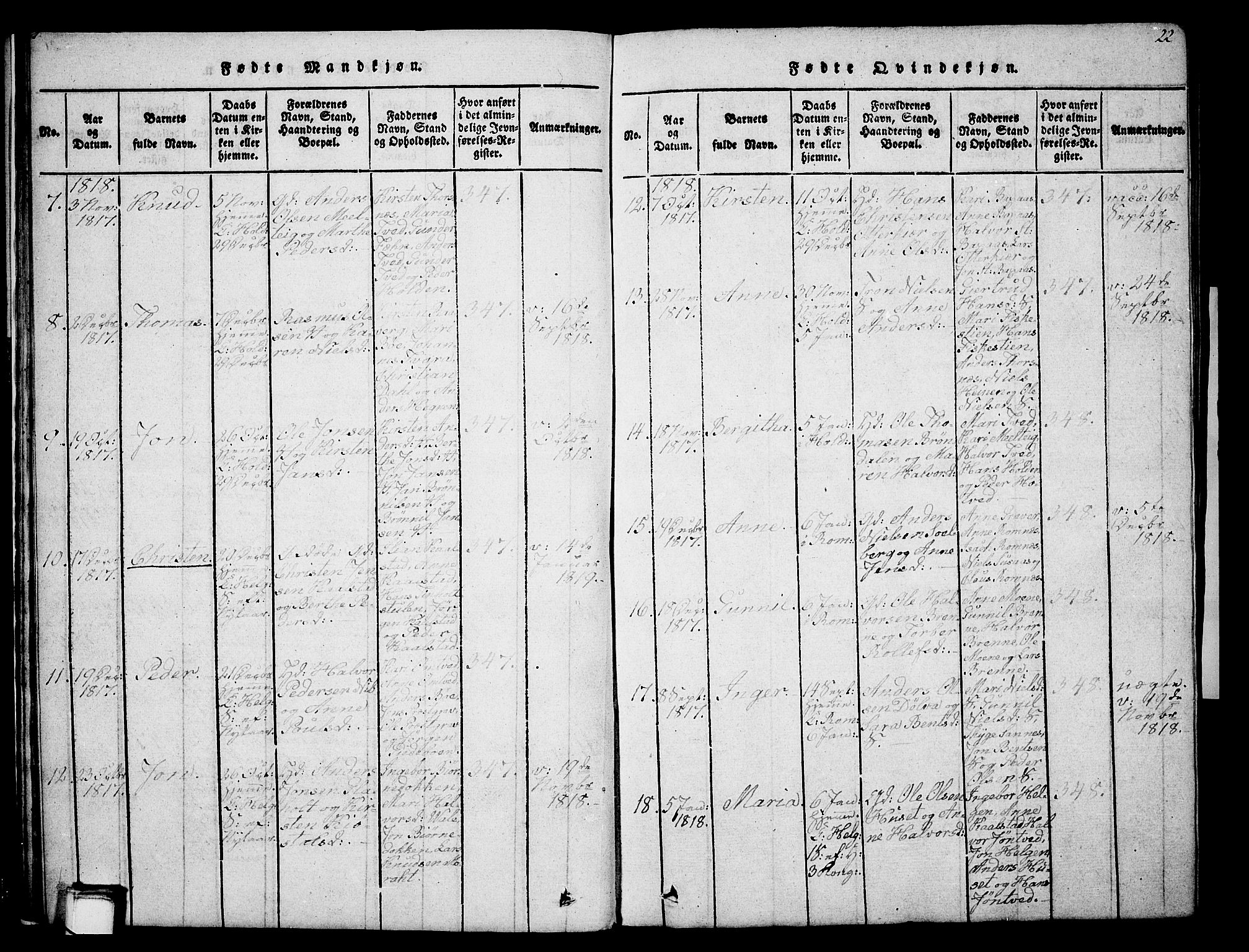 Holla kirkebøker, SAKO/A-272/G/Ga/L0001: Parish register (copy) no. I 1, 1814-1830, p. 22