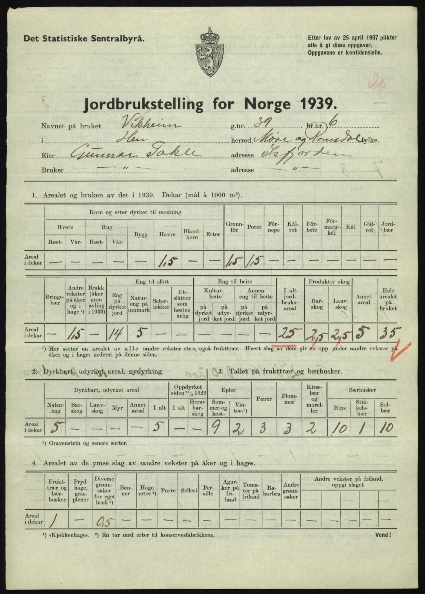 Statistisk sentralbyrå, Næringsøkonomiske emner, Jordbruk, skogbruk, jakt, fiske og fangst, AV/RA-S-2234/G/Gb/L0251: Møre og Romsdal: Voll, Eid, Grytten og Hen, 1939, p. 1173