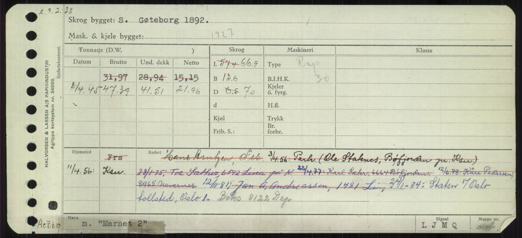 Sjøfartsdirektoratet med forløpere, Skipsmålingen, RA/S-1627/H/Ha/L0003/0002: Fartøy, Hilm-Mar / Fartøy, Kom-Mar, p. 945