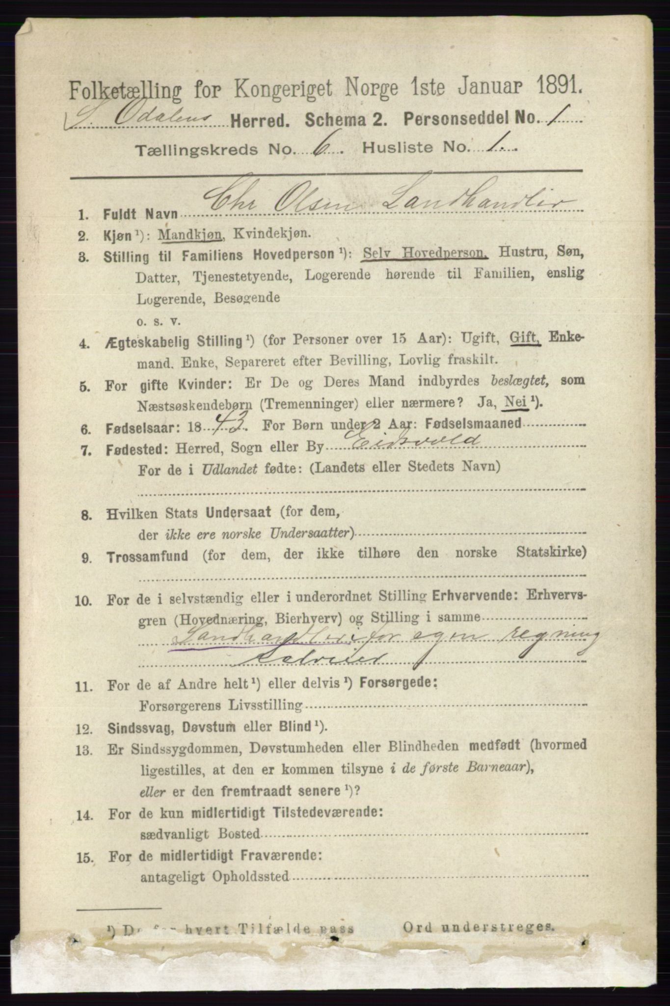 RA, 1891 census for 0419 Sør-Odal, 1891, p. 2795