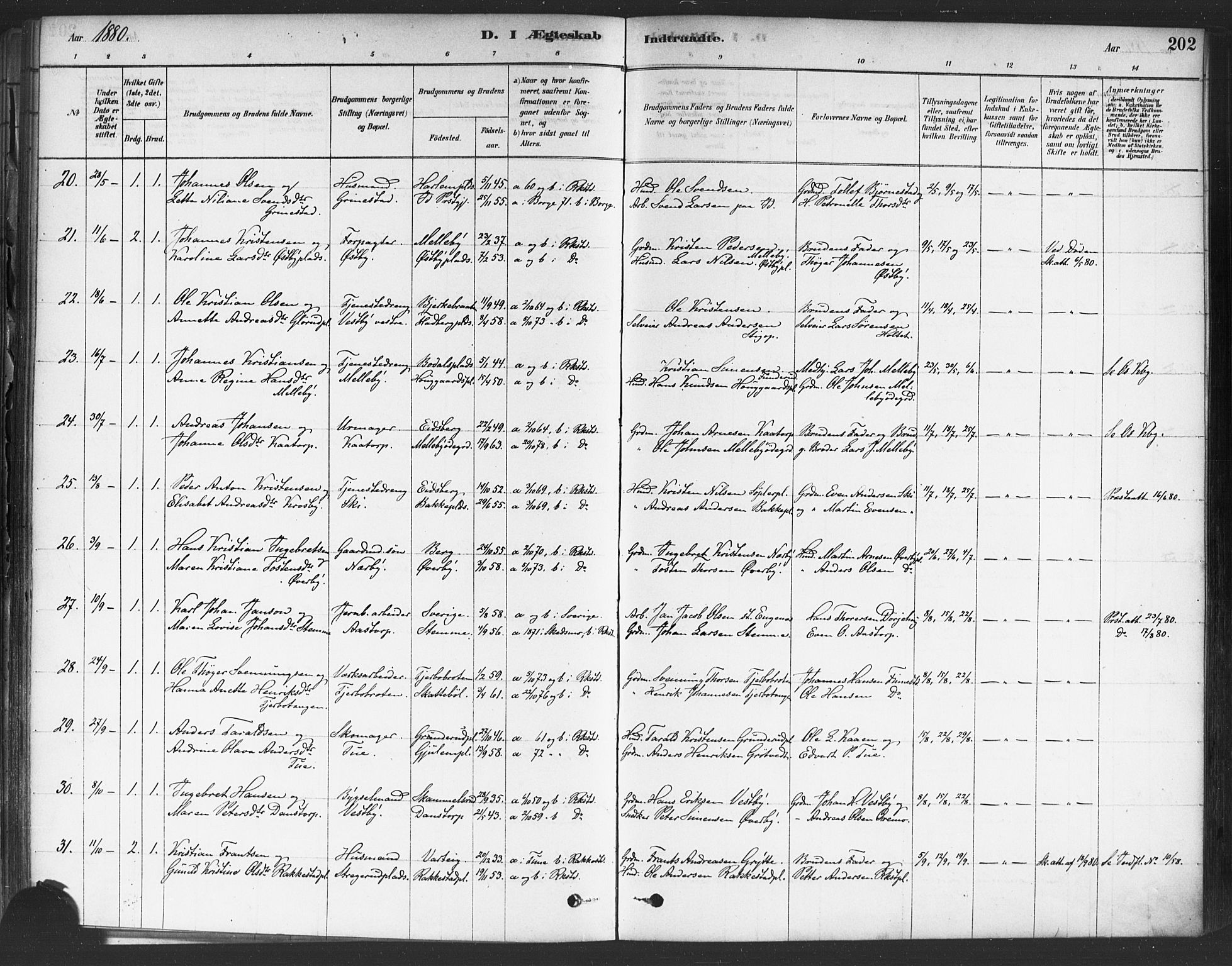Rakkestad prestekontor Kirkebøker, AV/SAO-A-2008/F/Fa/L0012: Parish register (official) no. I 12, 1878-1893, p. 202